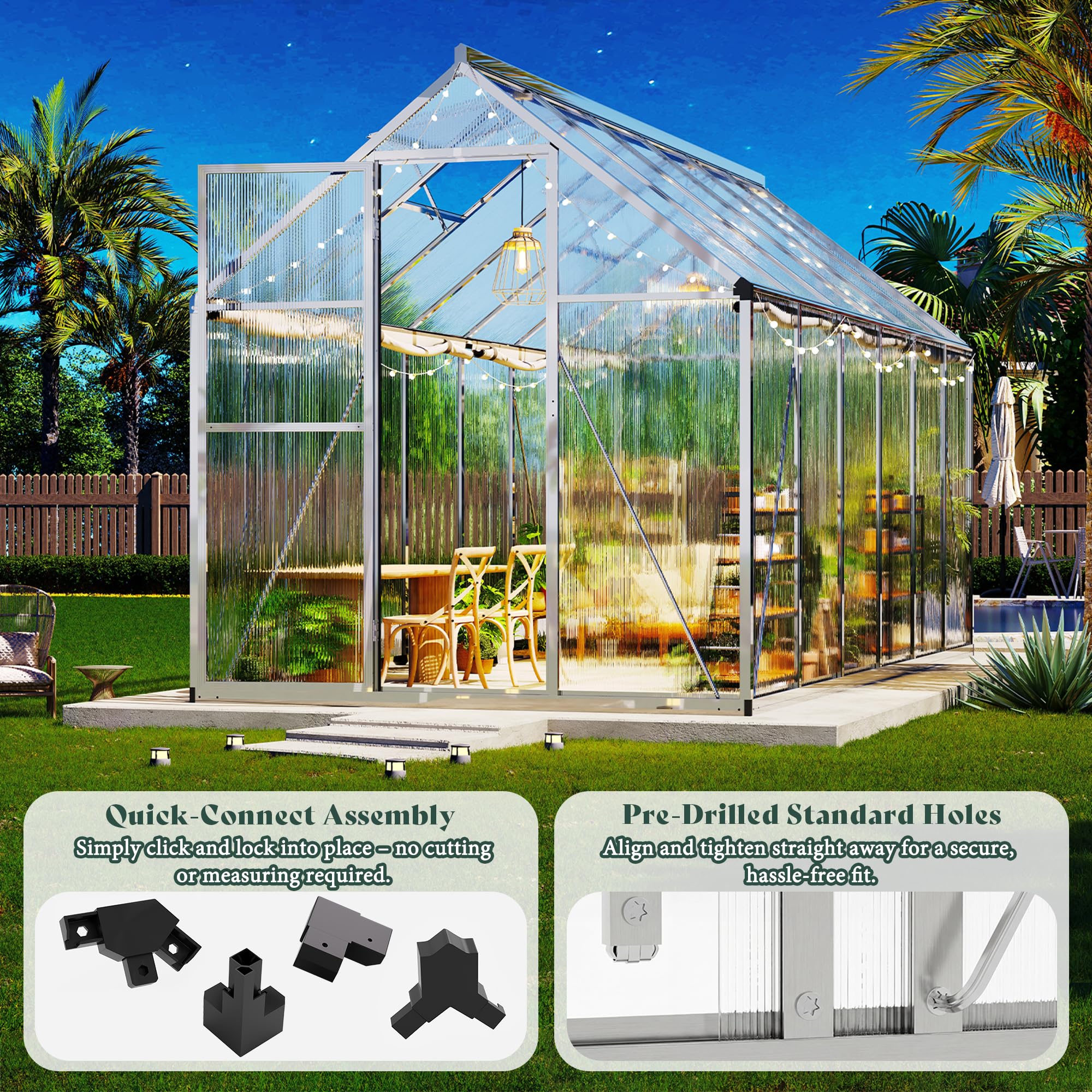 LUXOAK 181x303x195cm Gewächshaus mit Schnellmontage Verbindungen, stabilem Aluminiumrahmen und 2 Belüftungsfenstern, wetterfestes Hochleistungs-Gewächshaus für den Garten, Silber