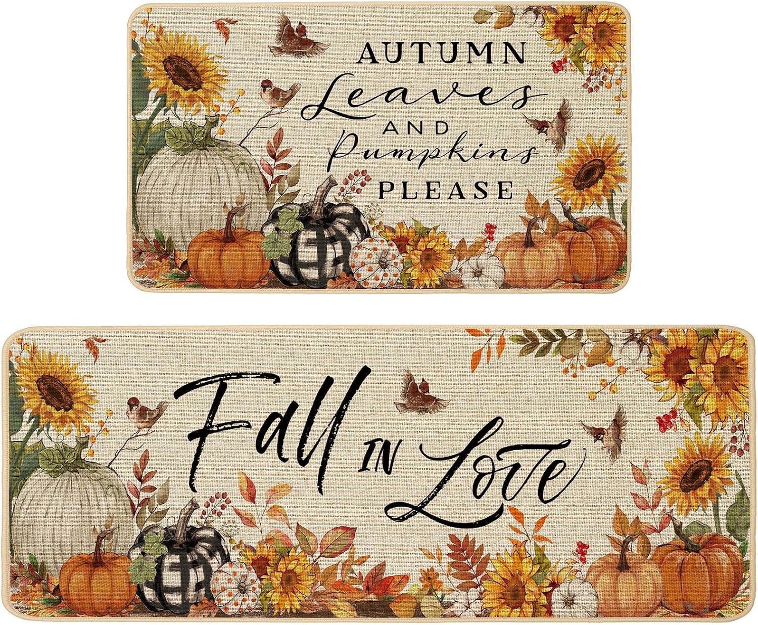 Baccessor Fall Kitchen Mats Set of 2, Pumpkin Bird Fall in Love Kitchen Rugs for Floor Low-Profile Farmhouse Thanksgiving Home Decor 17x29 and 17x47 Inch
