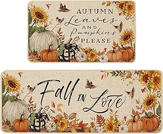 Baccessor Fall Kitchen Mats Set of 2, Pumpkin Bird Fall in Love Kitchen Rugs for Floor Low-Profile Farmhouse Thanksgiving Home Decor 17x29 and 17x47 Inch