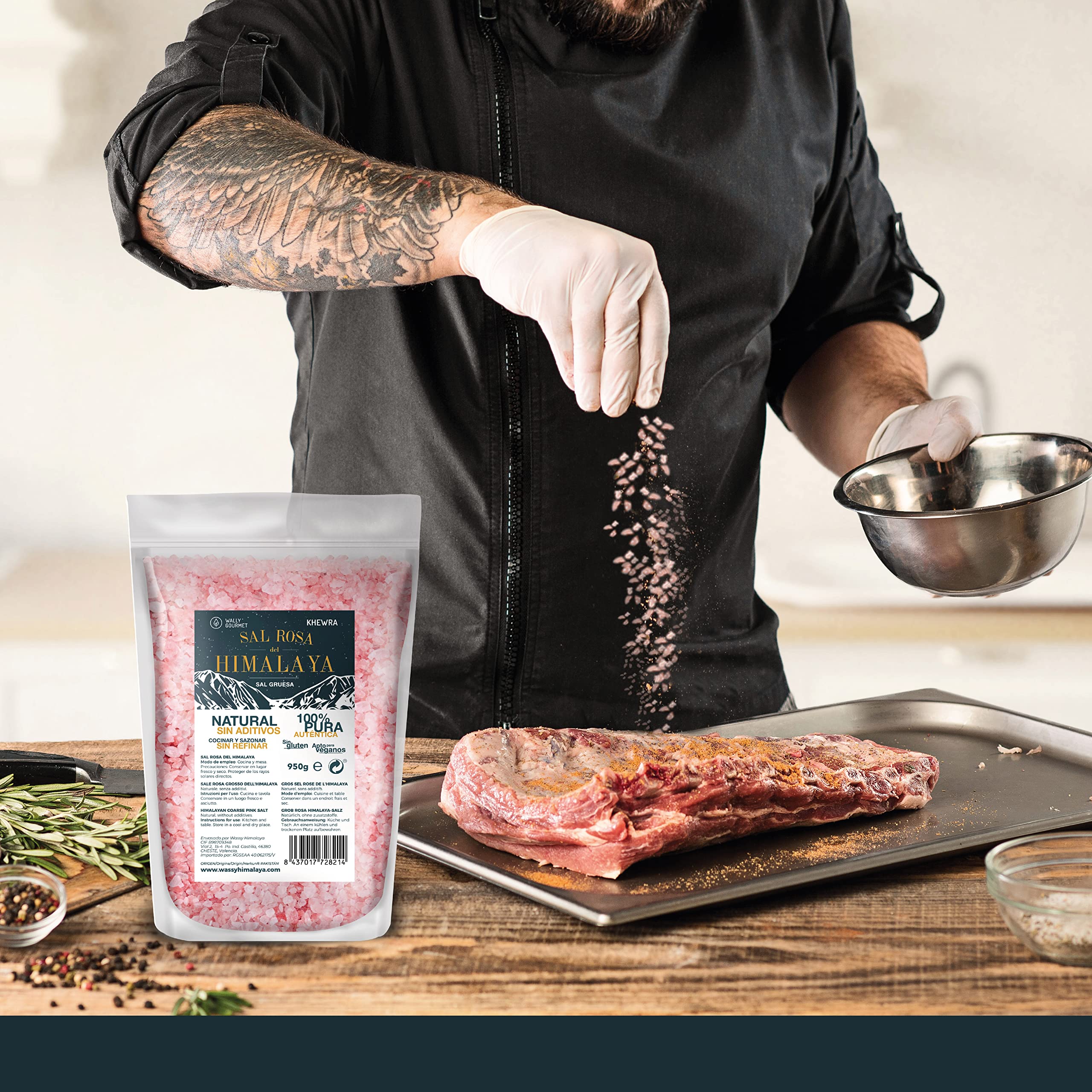 WALLY GOURMET Sal Rosa Del Himalaya Gruesa. 100% Natural, Sin Aditivos, Sin Refinado. Mayor Contenido En Oligoelementos. Para Sazonar Y Condimentar. Origen: Pakistán (950gr.)