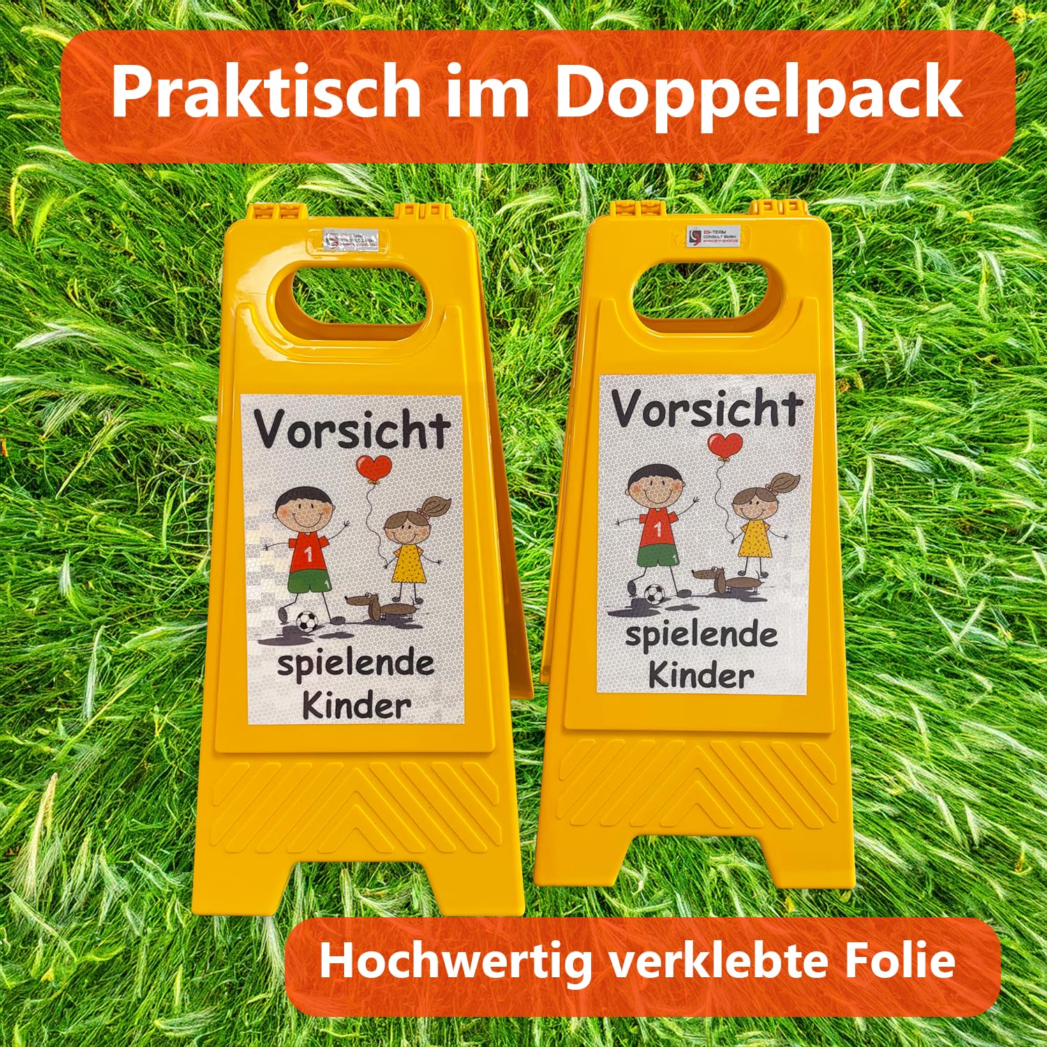 UvV Shop 2 Stück Warnschilder Achtung spielende Kinder Aufsteller, 60 x 27 cm Sicherheitsschild Vorsicht Kinder Schild mit Reflexfolie Klasse 2