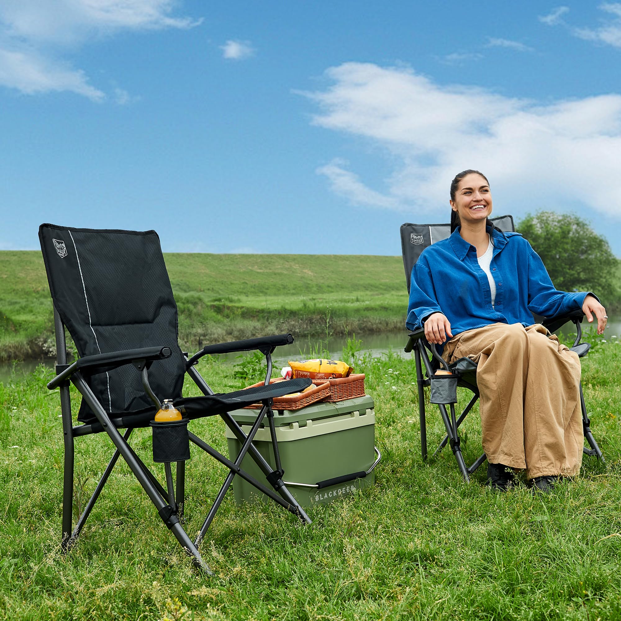 Timber Ridge Silla de Camping Plegable 150 kg Respaldo Alto Silla Plegable portátil con portavasos Reposabrazos Duro Silla de Pesca para Camping, Picnic, jardín, balcón