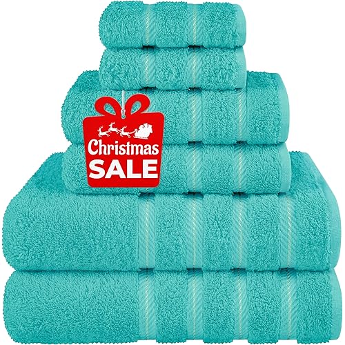 American Soft Linen Luxury 6 Piece Towel Set, 2 Bath Towels 2 Hand Towels 2 Washcloths, 100% Cotton Turkish Towels for Bathroom, Turquoise Blue Towel Sets
