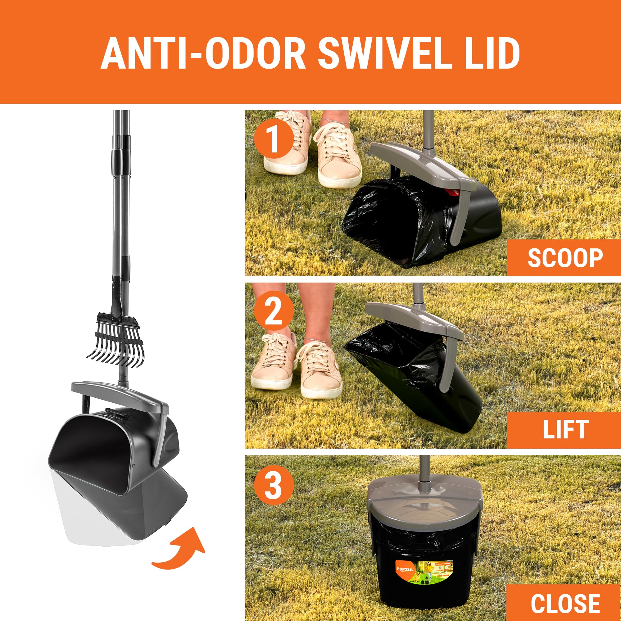 Pupzle Dog Pooper Scooper for Large Dogs with Poop Rake, Heavy Duty Metal, Long Handle for Backyard Scoop, Suitable for Large, Medium and Small Dogs, 25 Bags, Grey