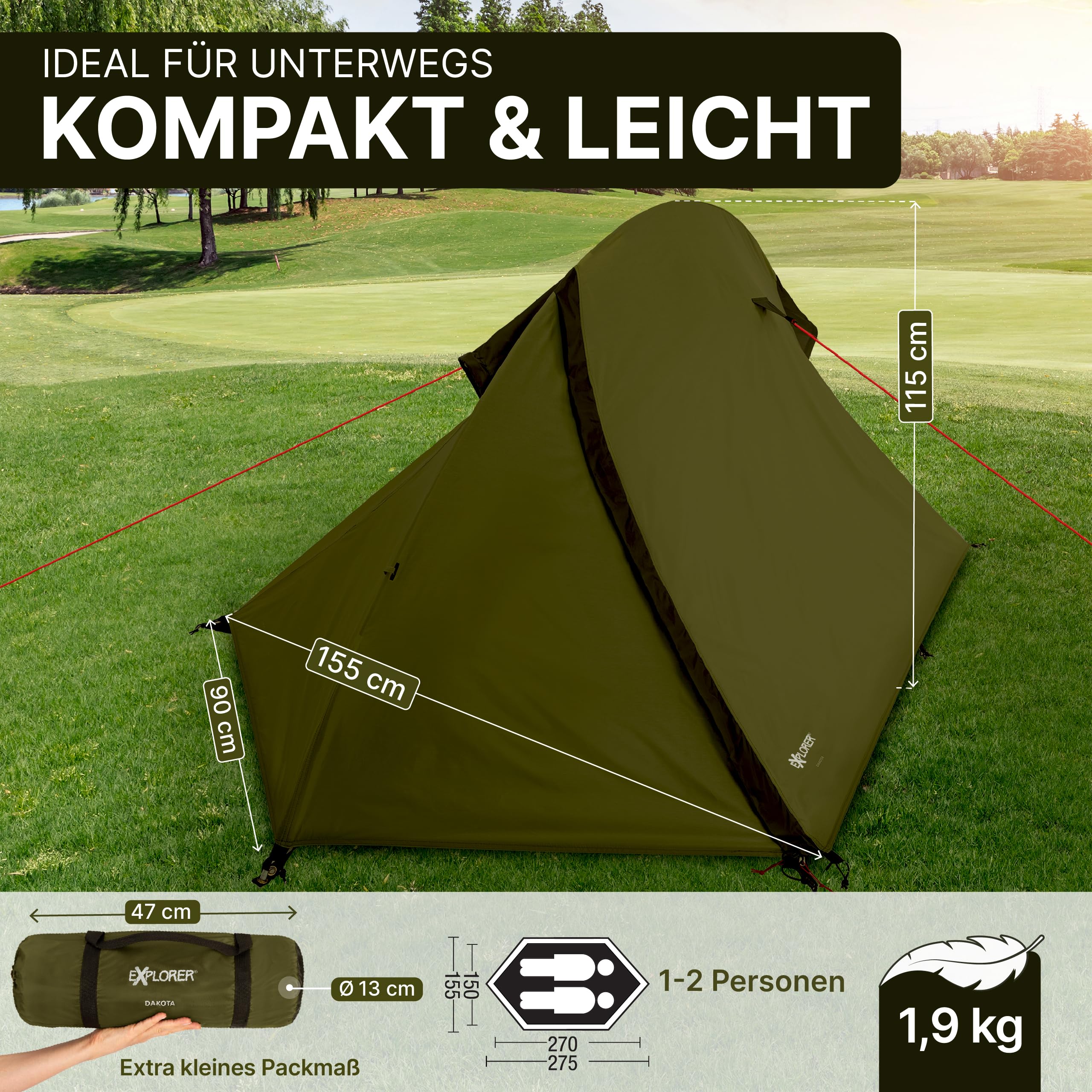 EXPLORER Dakota 1-2 Personen Zelt kleines Packmaß Ultraleicht für Fahrrad oder Motorrad Reise 1-2 Personen 3000mm Wassersäule mit separatem Innenzelt wasserdichter Boden Wandern Trekking Camping