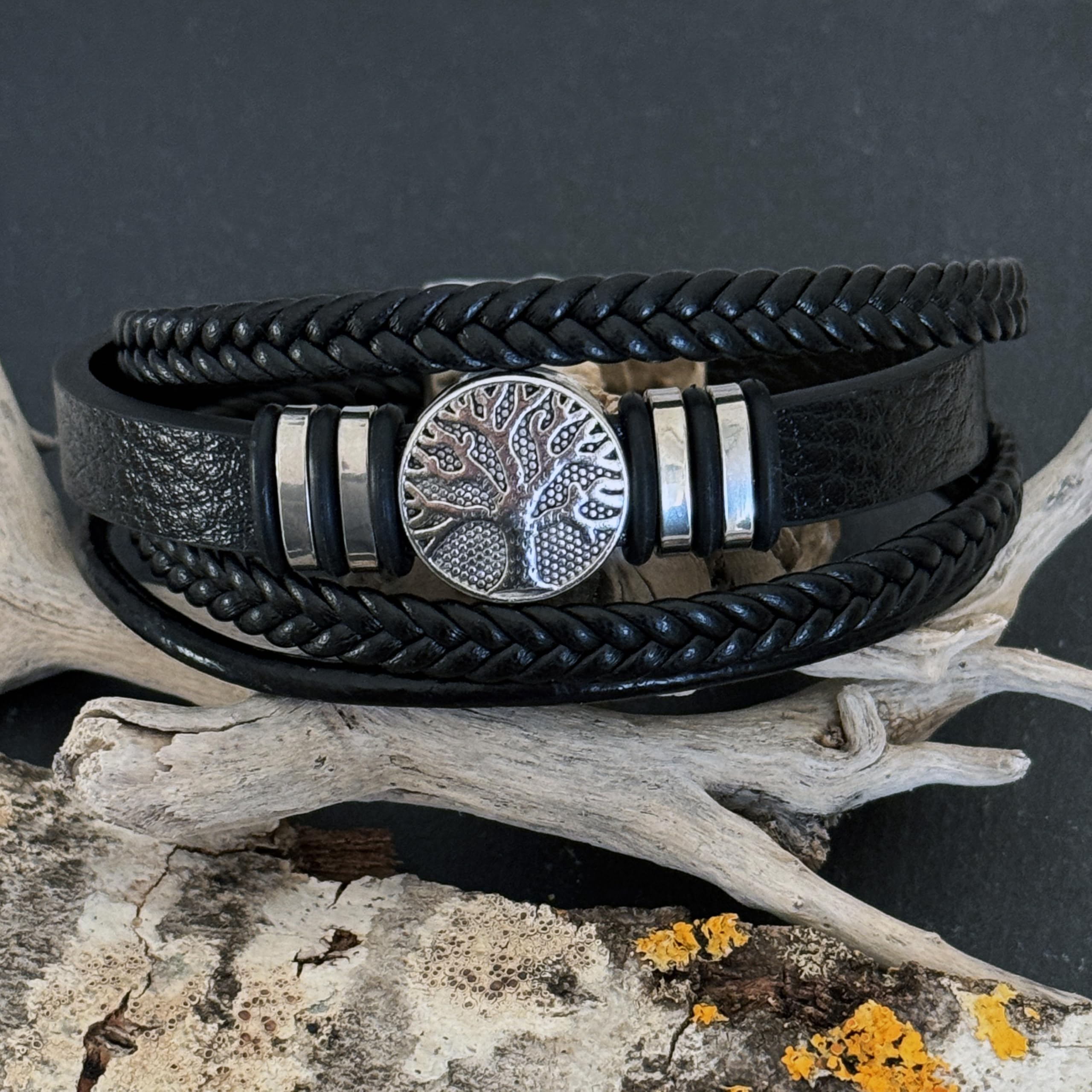 Simboliks Pulsera Árbol de la Vida para Hombre, Amuleto Celta de Protección en Cuero y Acero Inoxidable, Pulsera Celta, Joyería Masculina, Regalo para Hombre Druida, Pulsera Unisex, 21 cm