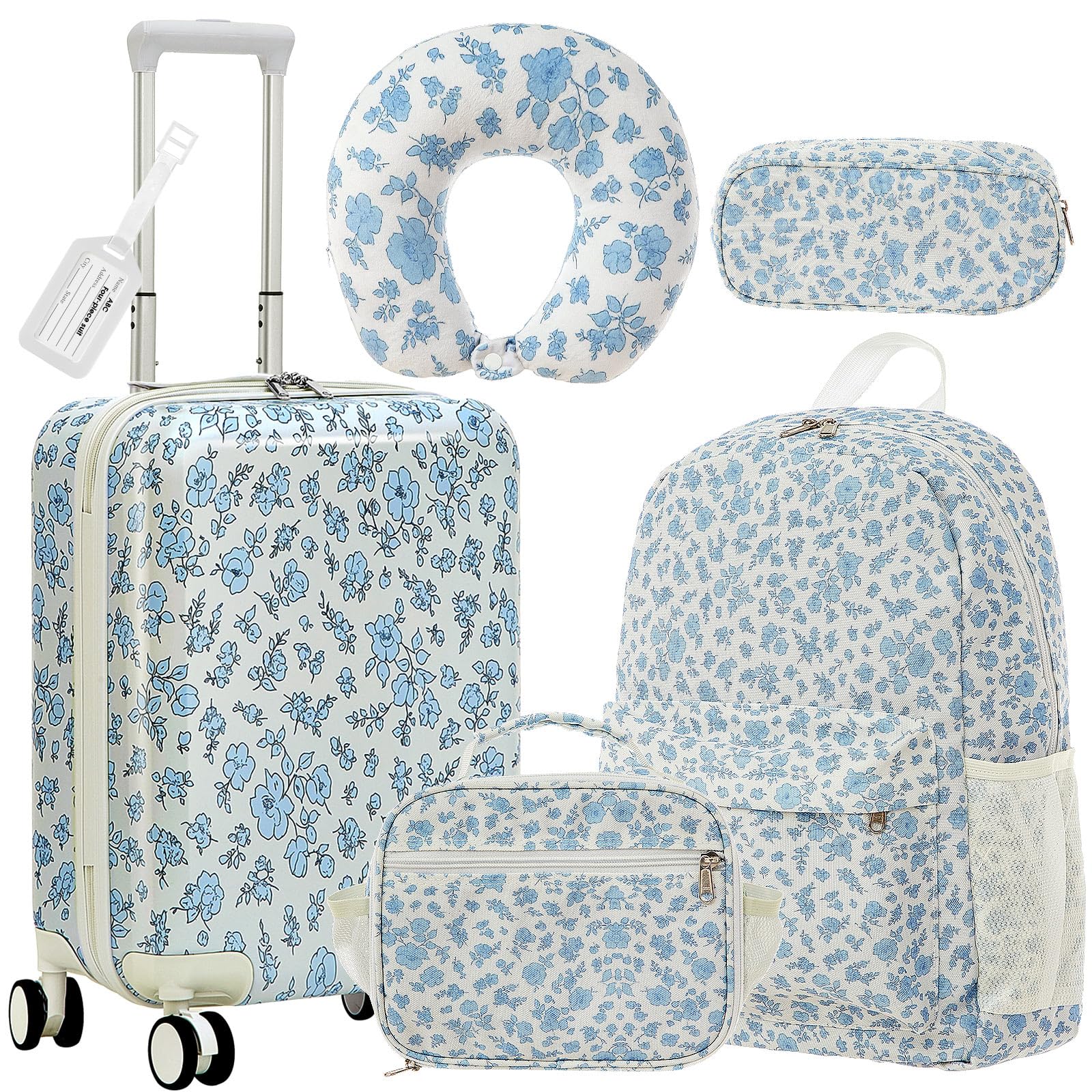 6 Pcs Kids Luggage Set, 18 Inch, Blue Floral