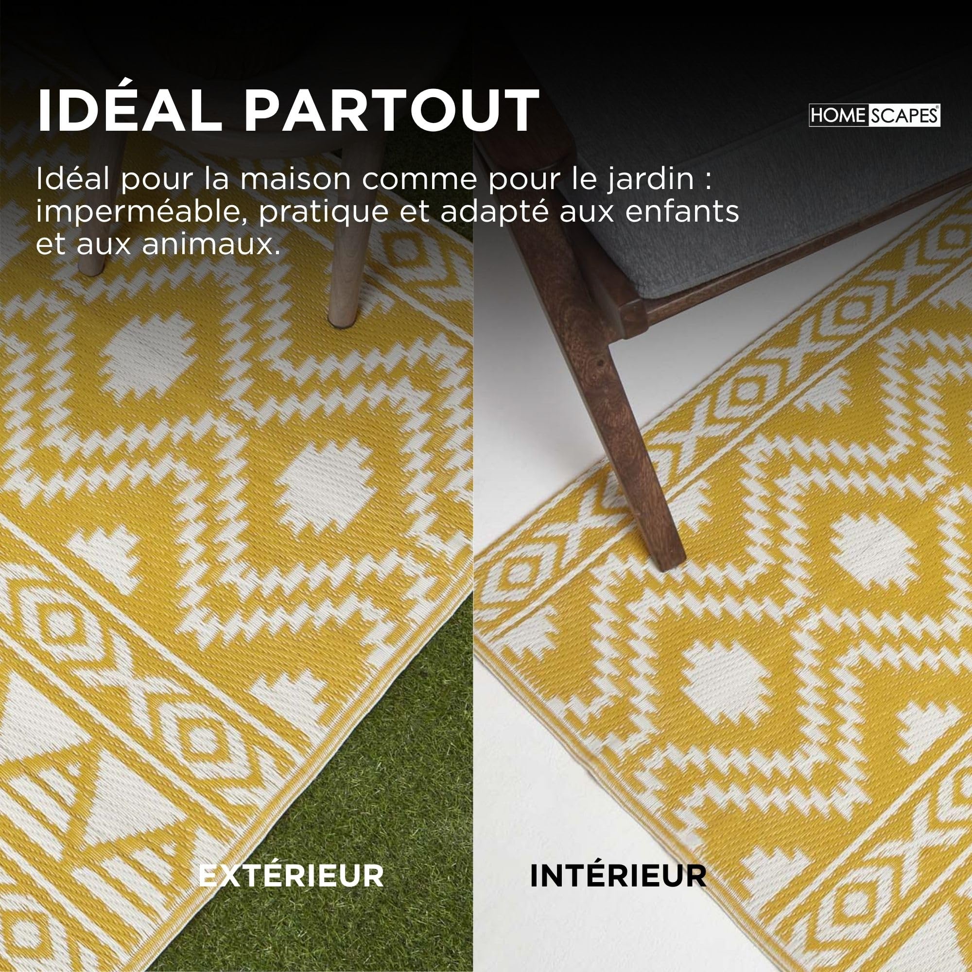 HOMESCAPES Tapis extérieur résistant Pluie et UV, Tapis de Jardin imperméable réversible Jaune Anna, 120 x 180 cm, Intérieur extérieur terrasse Balcon