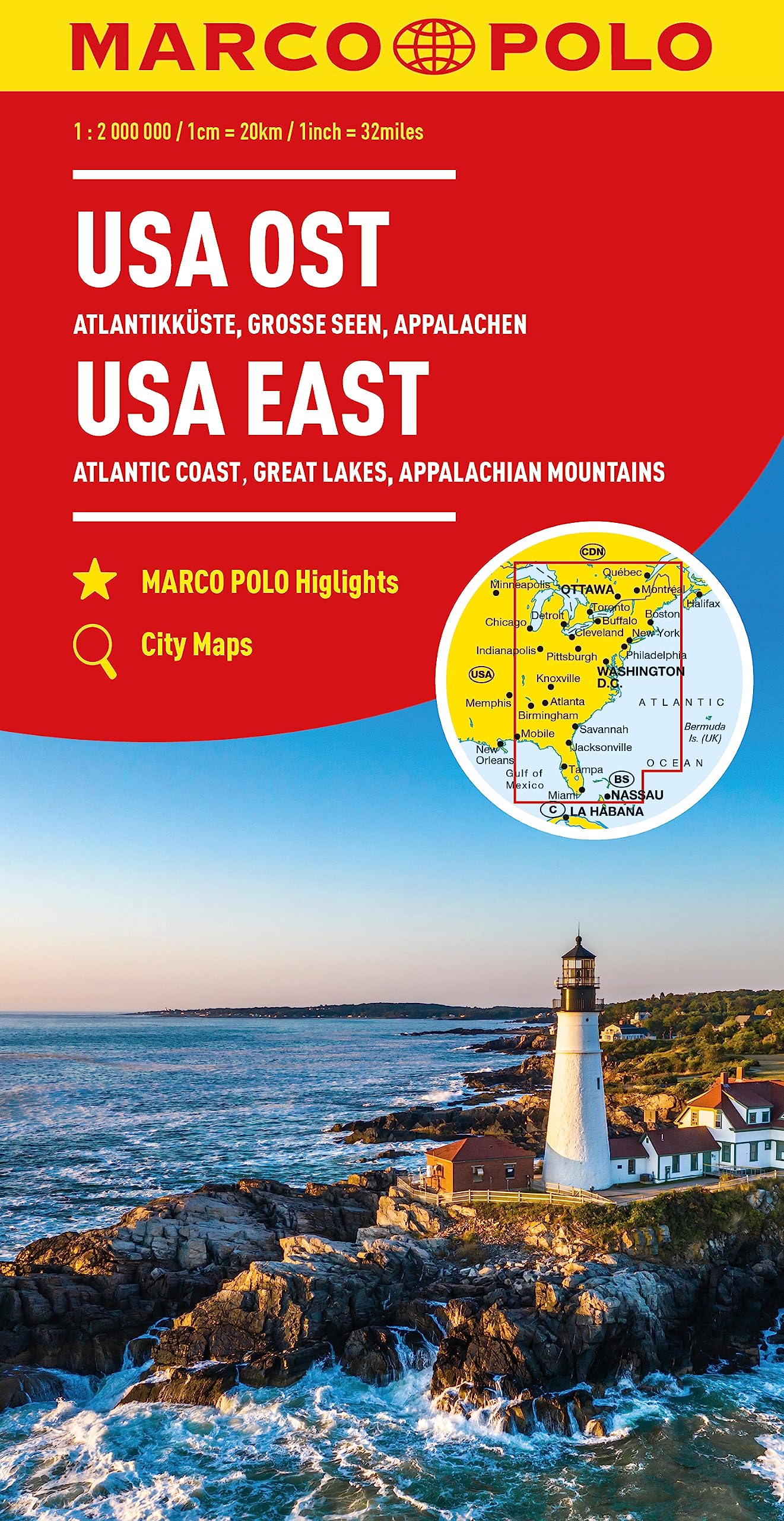 USA East Marco Polo Map: Atlantic Coast, Great Lakes and Appalachian Mountains (multi-language edition - English, German, French)