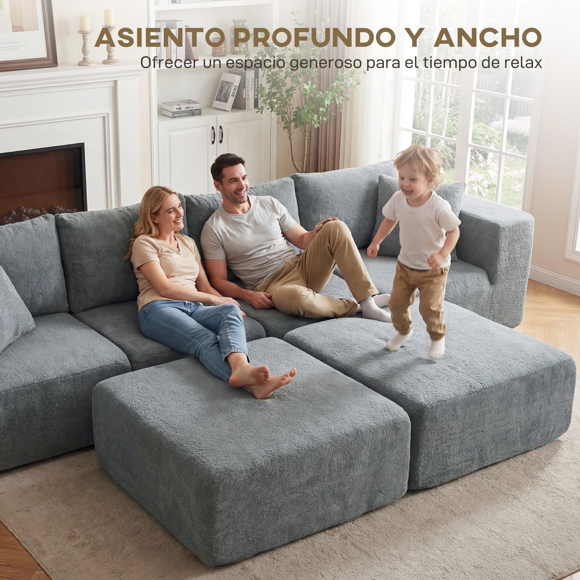 HOMCOM Sofá Modular en Forma de U 4 Plazas, 2 Taburetes Gris Oscuro | Sofá de Esquina Seccional, Almohadas, Reposabrazos Anchos, sin Montaje, Asientos Amplios y Profundos, Tapizado en Terciopelo