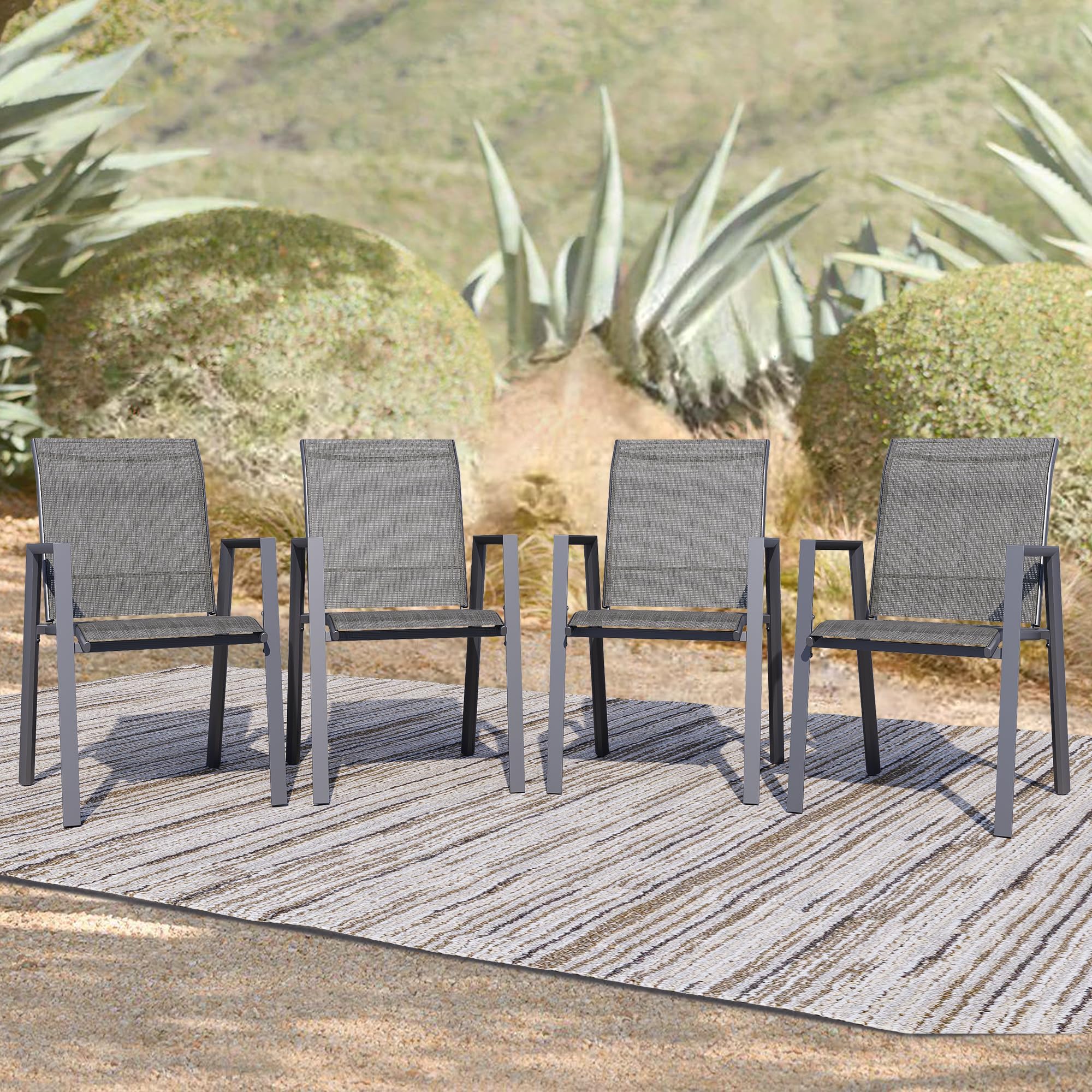 Stackable Patio Chairs Set of 4, Outdoor Dining Chairs with High Back & Metal Frame, Lightweight Sling Chair for Lawn Garden Deck, Grey