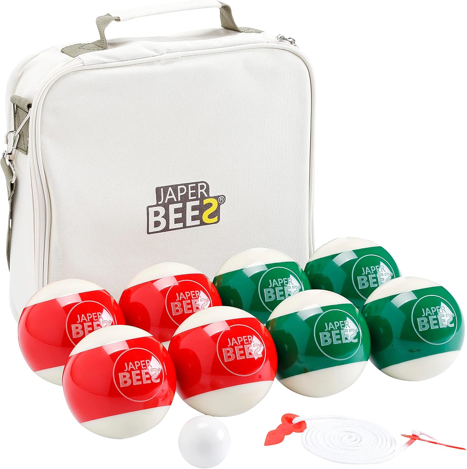 JAPER BEES Bocce Ball Set Solid Resin 90mm Outdoor Lawn Games for Family with 8 Balls 1 Pallino Measuring Rope Canvas Carrying Case