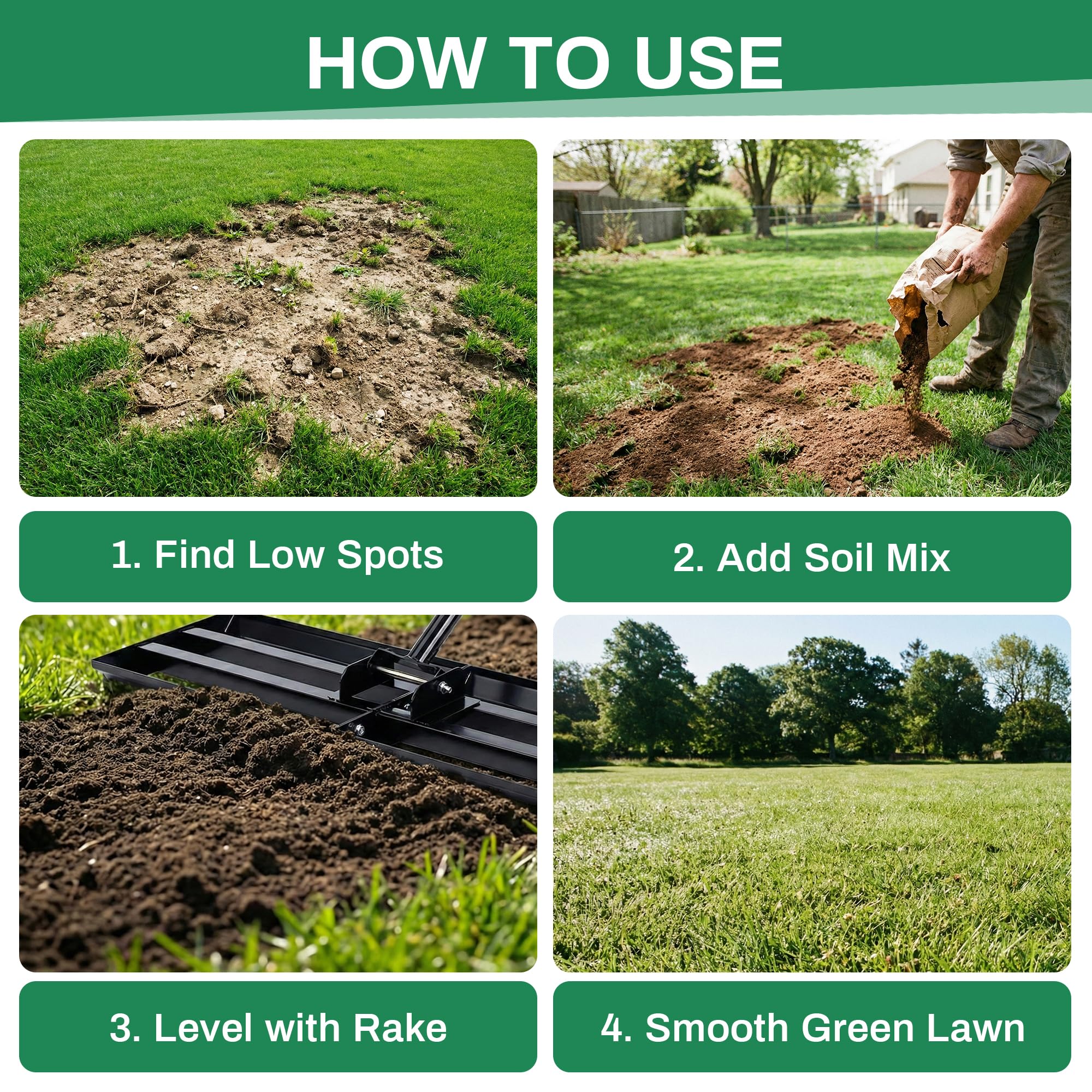Rasen-Nivellierungsrechen 75x25 cm mit 2 m verstellbarem Stiel – Stabiler Rasenglätter & Nivellierrechen zum Rasen Einebnen, für Erde, Sand, Topdressing und Gartenpflege