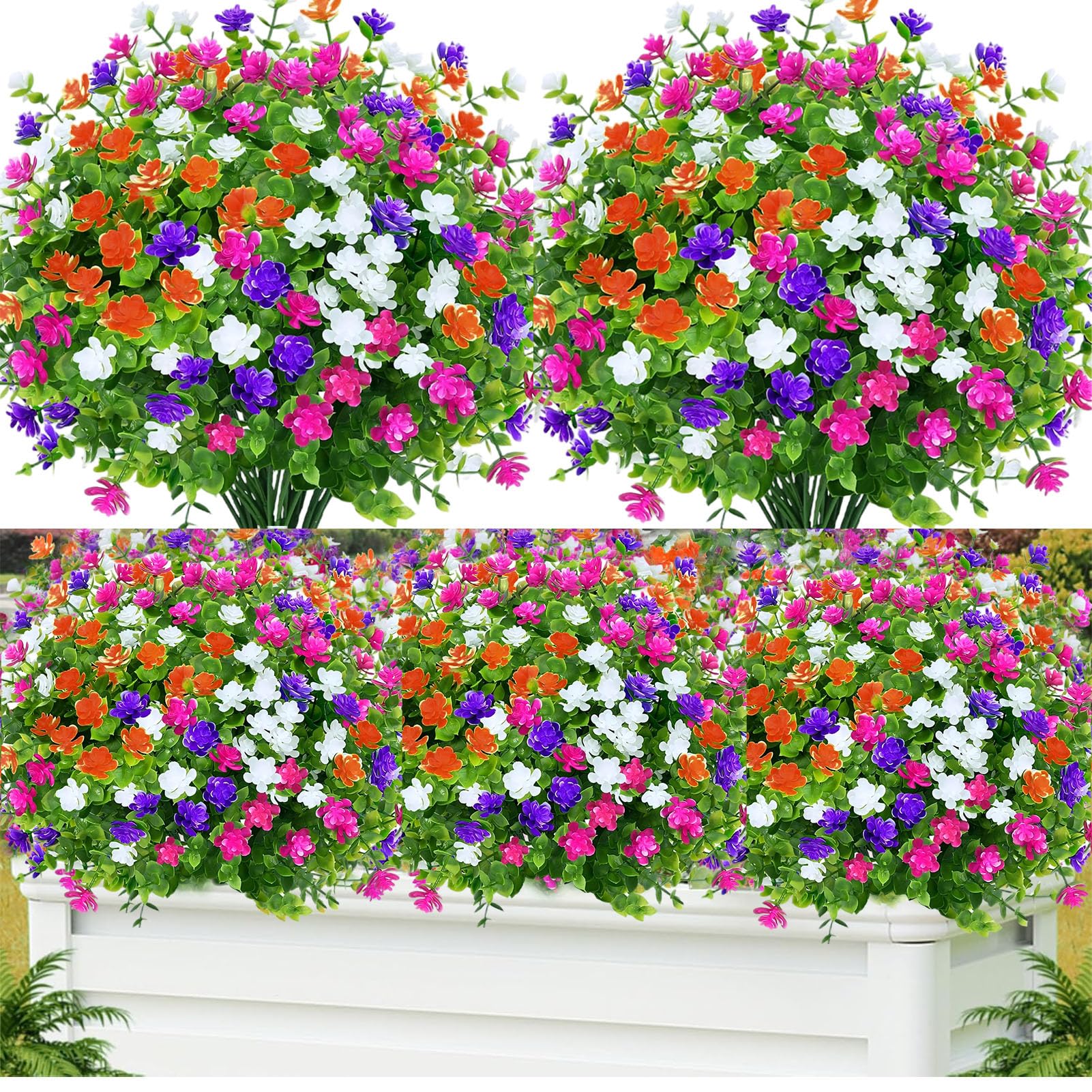 Regallop Artificial Flowers for Outdoors 12 Bundles UV Resistant Boxwood Shrubs Artificial Eucalyptus Fake Plants Faux Plastic Greenery for Farmhouse Garden Indoor Outdoor Home Decoration (4 Colors)