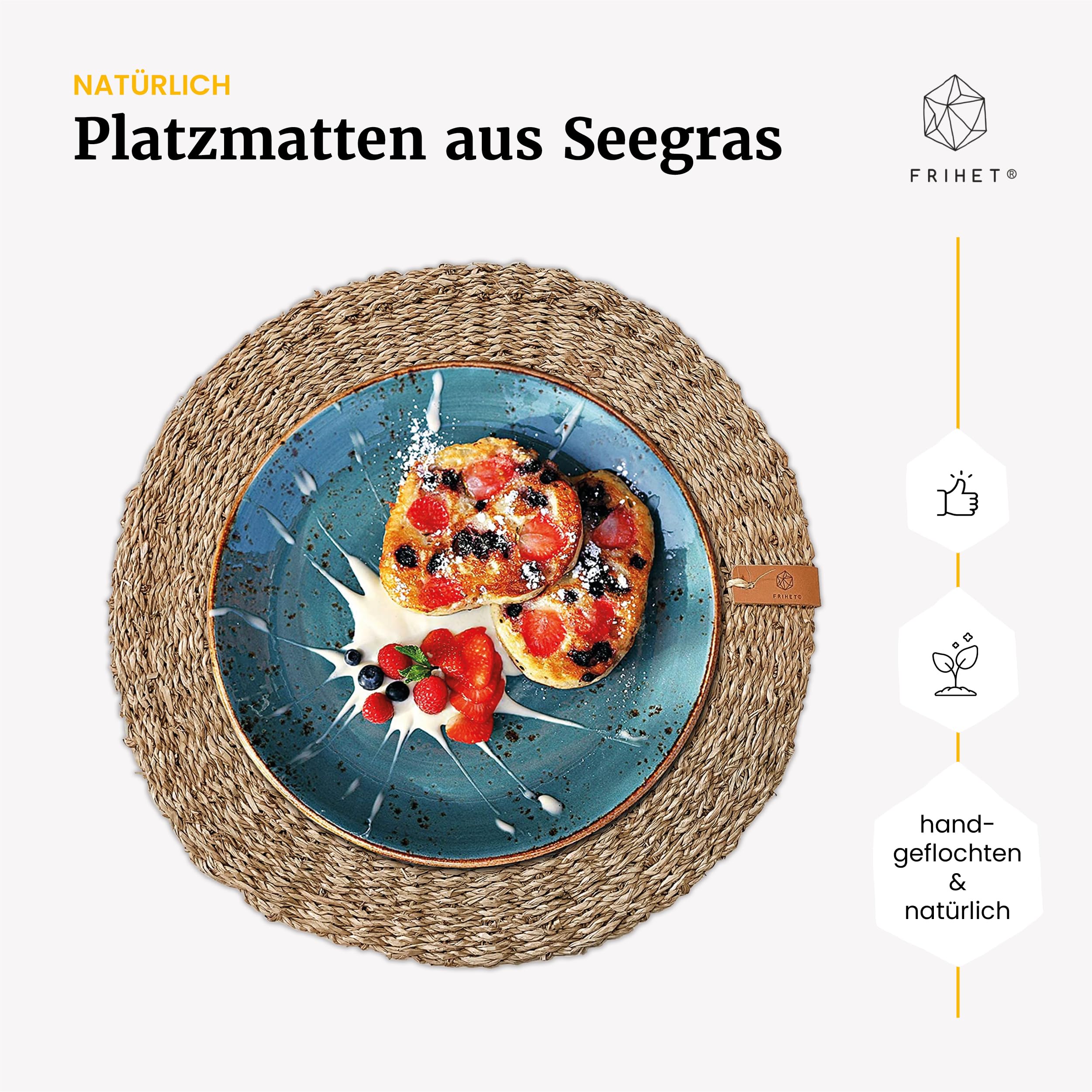 FRIHET Tischset rund - Seegras geflochten (4er Set) Platzset Ø 33 cm, Natur Tischdeko, Tischsets Platzsets abwischbar, Platzdeckchen Esstisch, Hygge Skandi Boho