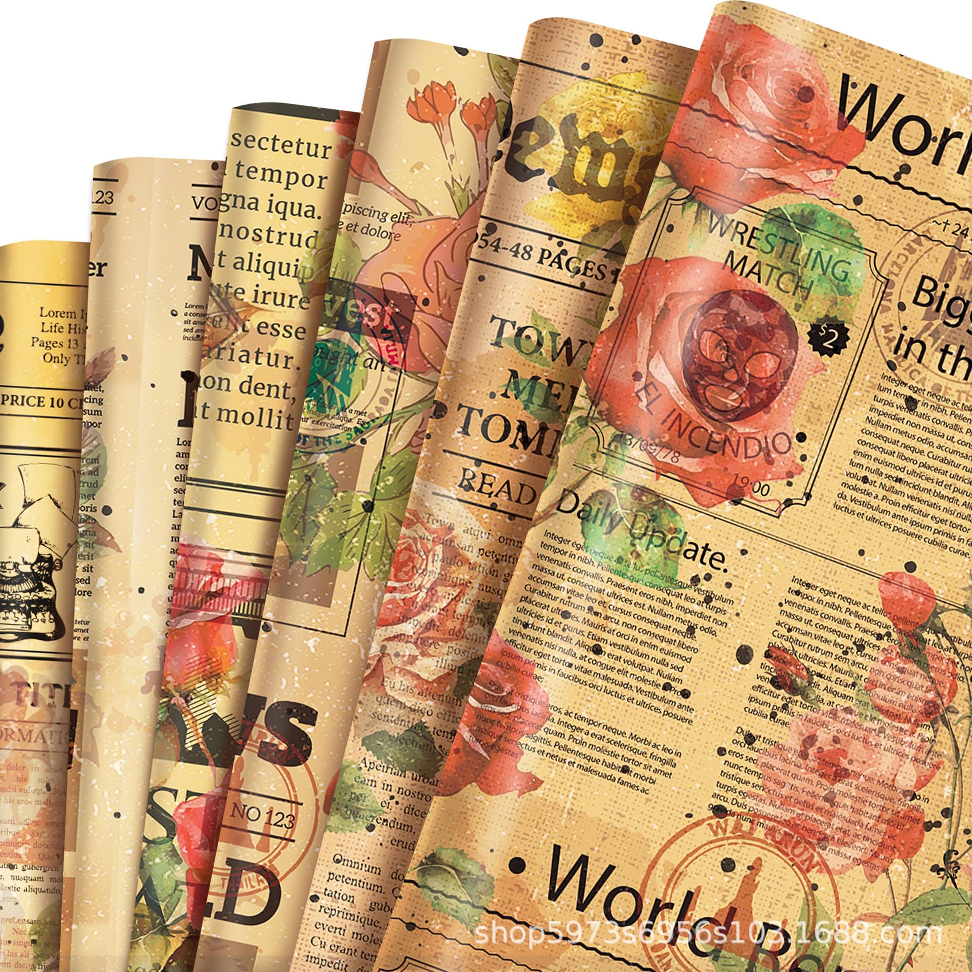 Vintage Rose Craft Wrapping Paper Old Newspaper Style Flower Wrapping Paper Sheets Retro Romantic Gift Wrapping Paper for Women Girls Birthday Anniversary Christmas