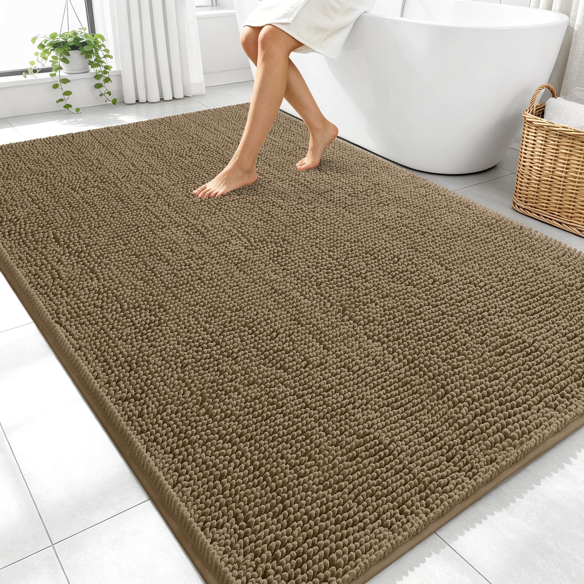 OLANLY Large Bathroom Rugs 70x46, Extra Soft Absorbent Chenille Bath Rugs | Tan, Quick-Drying Rubber Backing, Machine Washable Bath Mat for Bathroom Floor, Tub and Shower, Home Decor Accessories