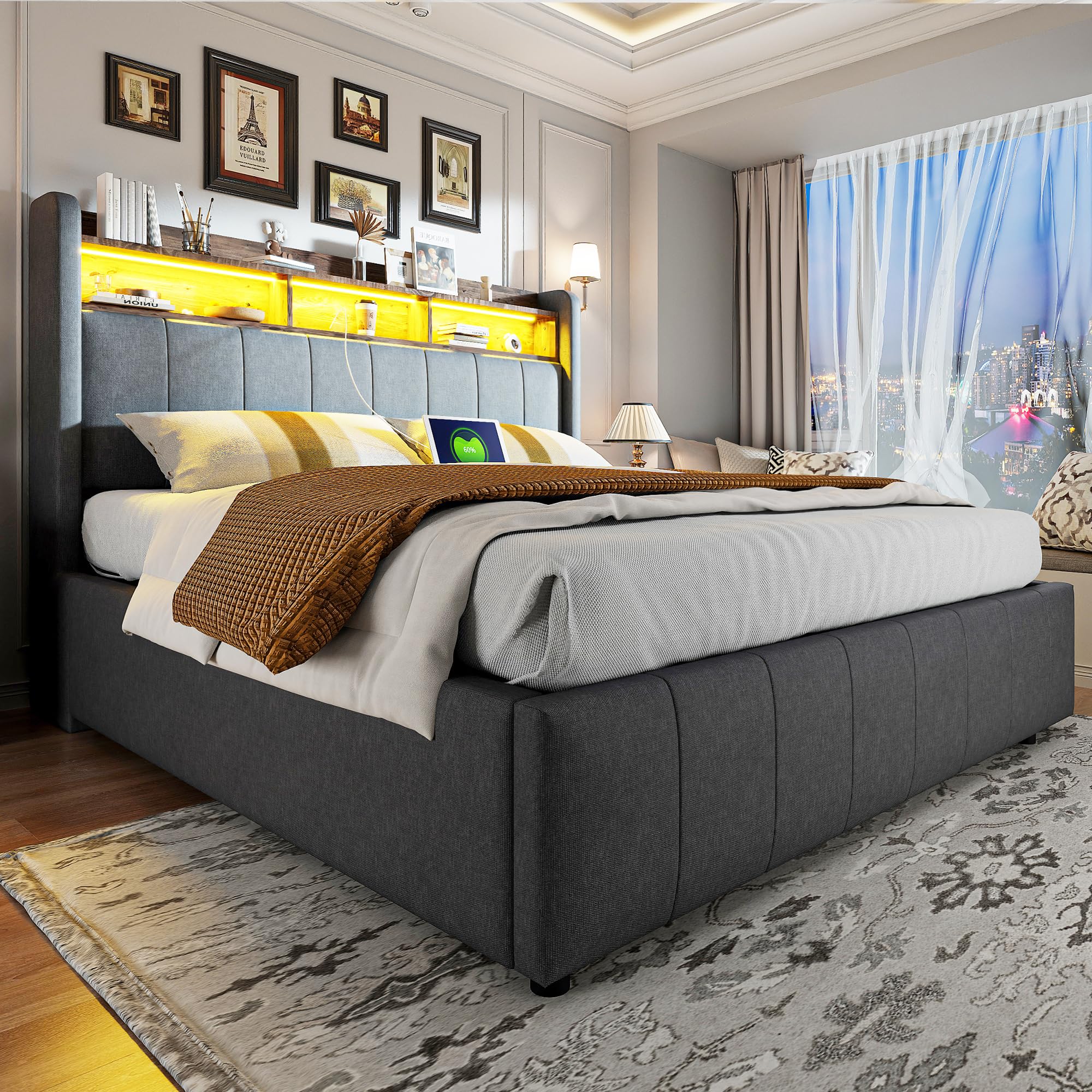 Ymkua Letto Imbottito Letto Matrimoniale 160x200 cm, Bed con LED Luce e USB-Port, Idraulica Struttura Bed frame con Contenitore Testata e Rete a Doghe in Legno, Lino, Grigio, Senza Materasso