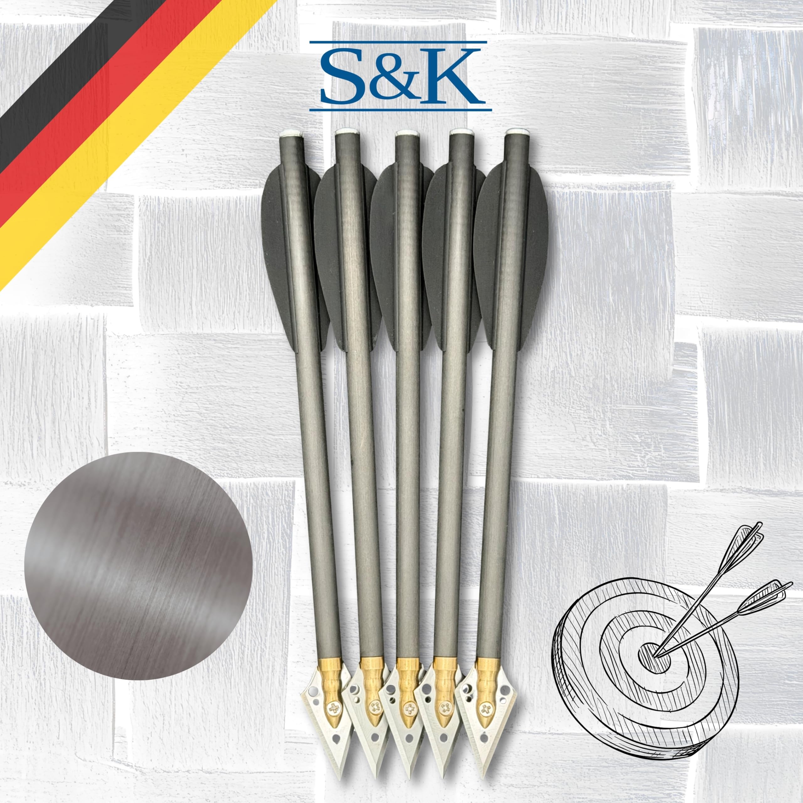 S&K - 5X Carbon Jagdbolzen 6,3" für Pistolenarmbrust – Kompatibel mit Steambow Stinger, EK Archery Vlad & Cobra, Mey Interceptor UVM. – Hochpräzise Armbrustpfeile mit Jagdspitzen & schwarzen Vanes