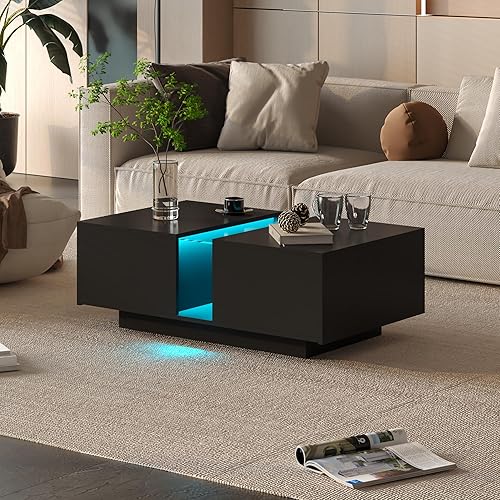 Miniatura 9 de Mesa de centro LED negra para sala de estar, mesa rectangular de sala de estar con almacenamiento, mesas de centro de acrílico con 2 cajones Negro