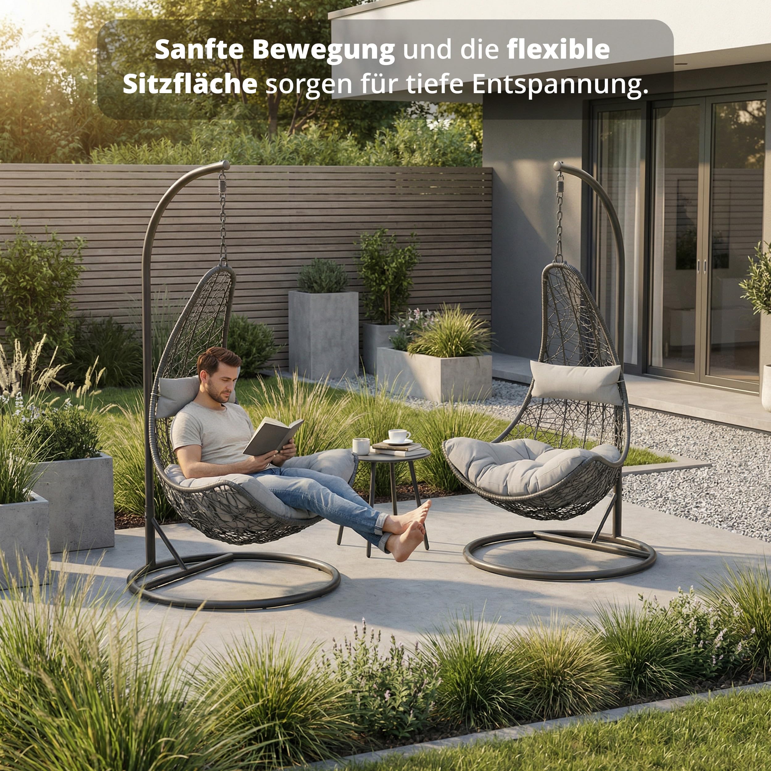 KHG Poltrona sospesa antracite, comodo cesto in vimini con cuscino grigio chiaro, per giardino e terrazza, resistente ai raggi UV, portata 120 kg, 83 x 83 x 201 cm
