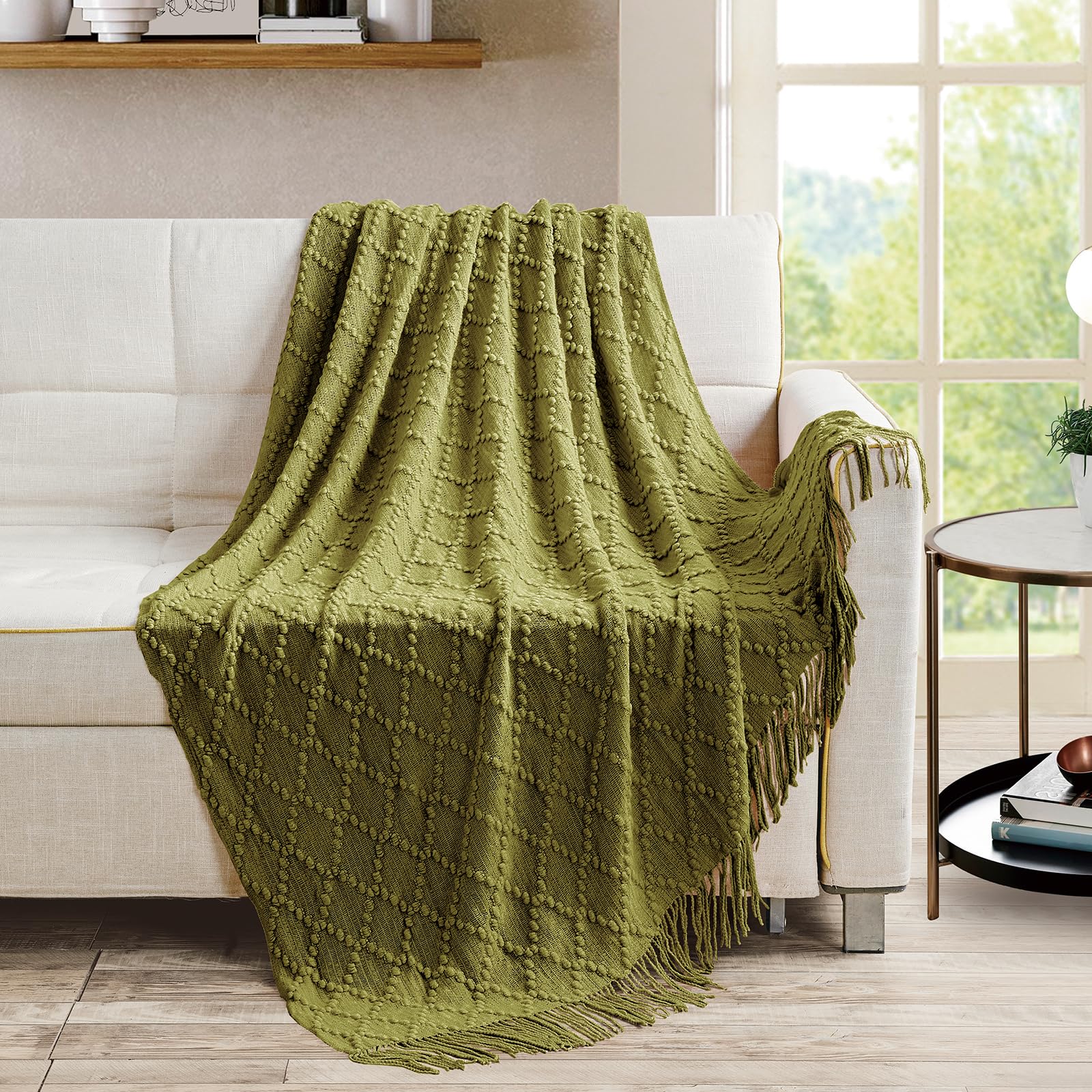 BOURINA Throw Blanket Textured Solid Soft Throws and Blankets for Sofa or Bed Knitted Decorative Blanket 127x178cm Olive - Image 2