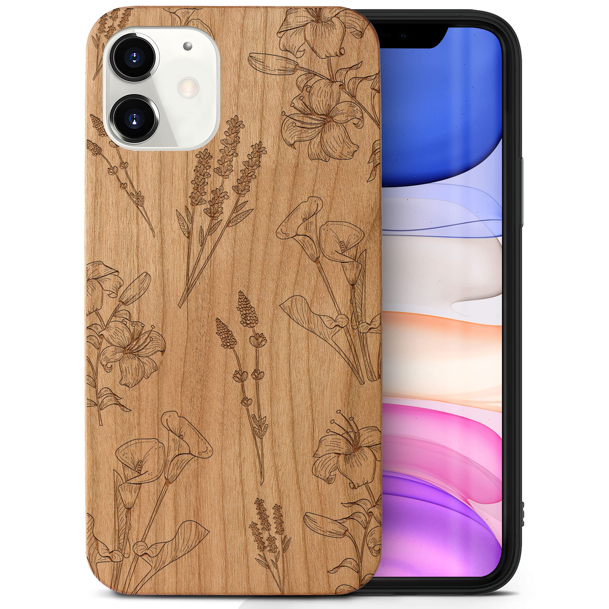CaseYard Wood Phone case for iPhone 11 Laser Engraved Flowers X Design Cherry Wood Compatible iPhone case Protective Shockproof Slim fit Cell Phone Cover for Men & Women