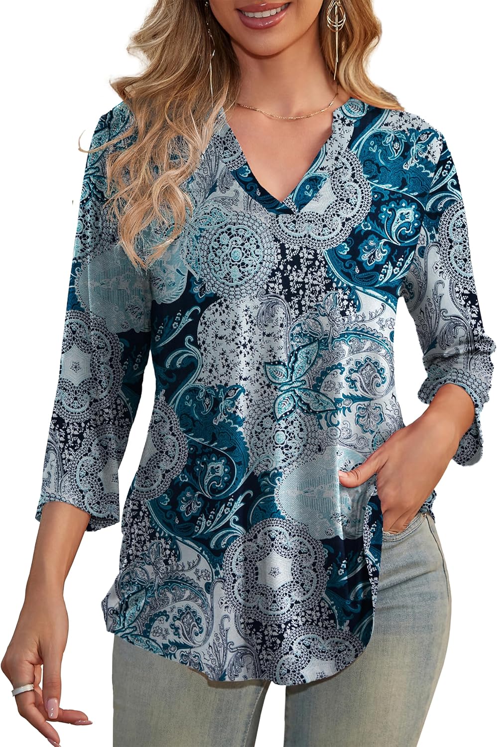 a.Jesdani Women's Plus Size Zip Front 3/4 Sleeve Shirts V Neck Blouses Tunic Top