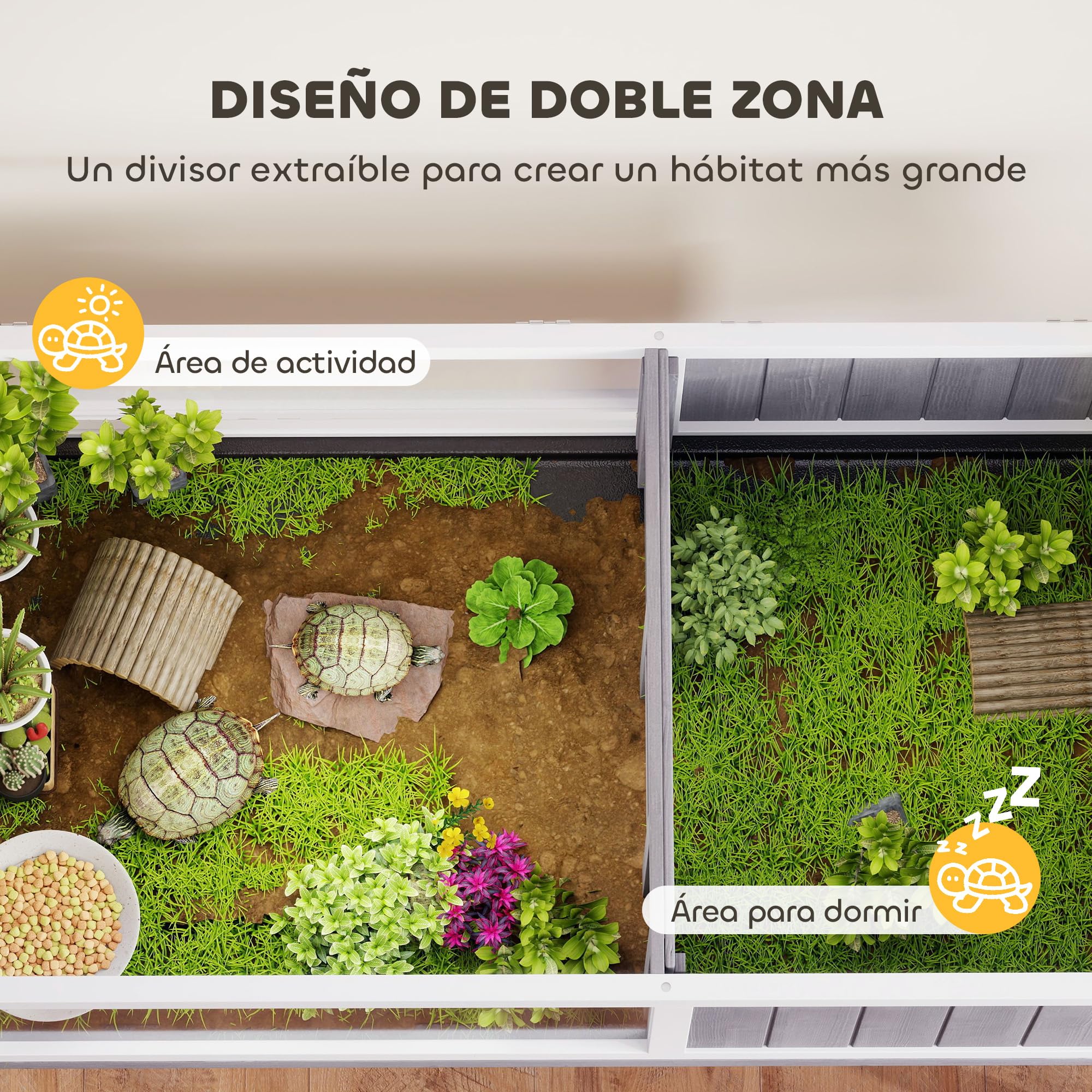 PawHut Casa para Tortugas de Madera, Terrario para Reptiles con 2 Techos Abatibles, Bandeja Extraíble, Soporte para Lámpara, Paneles Transparentes, Pestillo de Seguridad y Cuenco