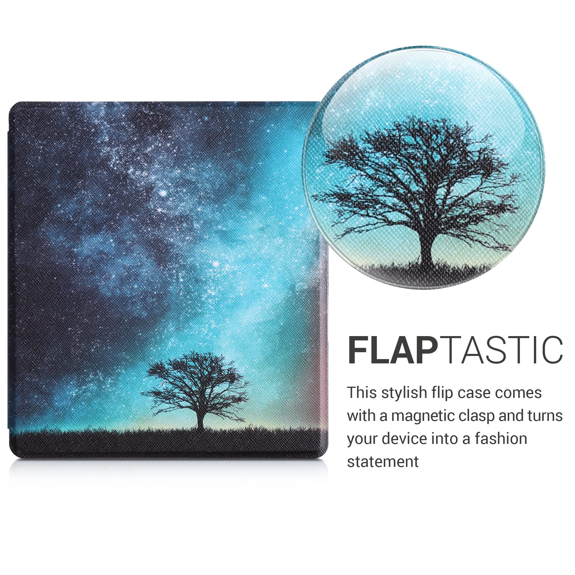 kwmobile Etui z Klapką Kompatybilne z Amazon Kindle Oasis 10. Generacji - Etui na czytnik e-booków - Galaxy Tree Meadow Niebieski Szary Czarny