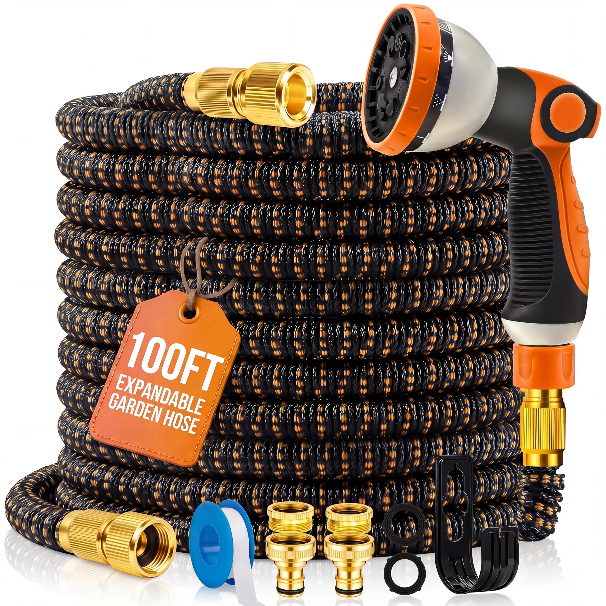 Tuyau d'arrosage extensible MOSII 30m robuste avec raccords en laiton et buse 10 jets orange