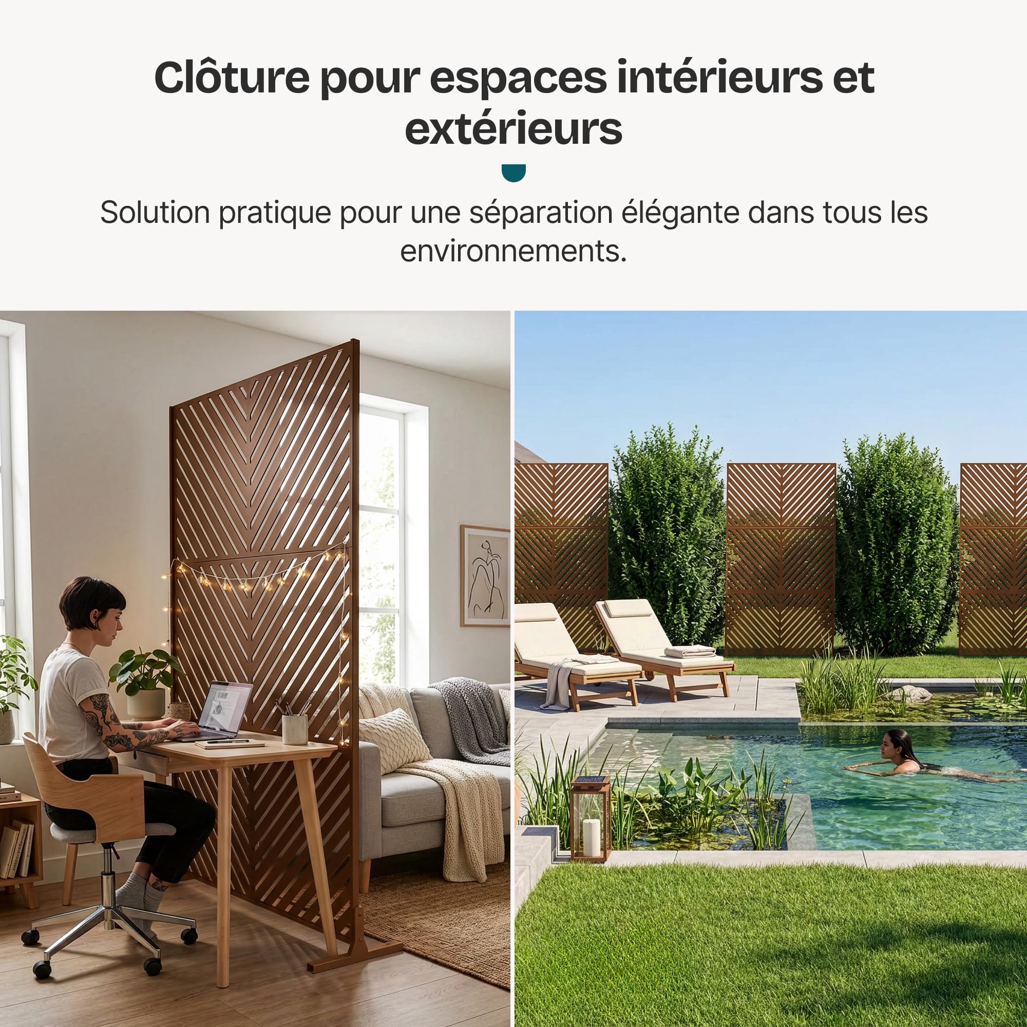 casa.pro Paravent Brise-Vue Kekan Séparateur d'Espace pour Extérieur Intérieur avec Motif à Chevrons Résistant Jardin Terrasse Balcon Salon Acier Galvanisé 180 x 90 x 40 cm Marron
