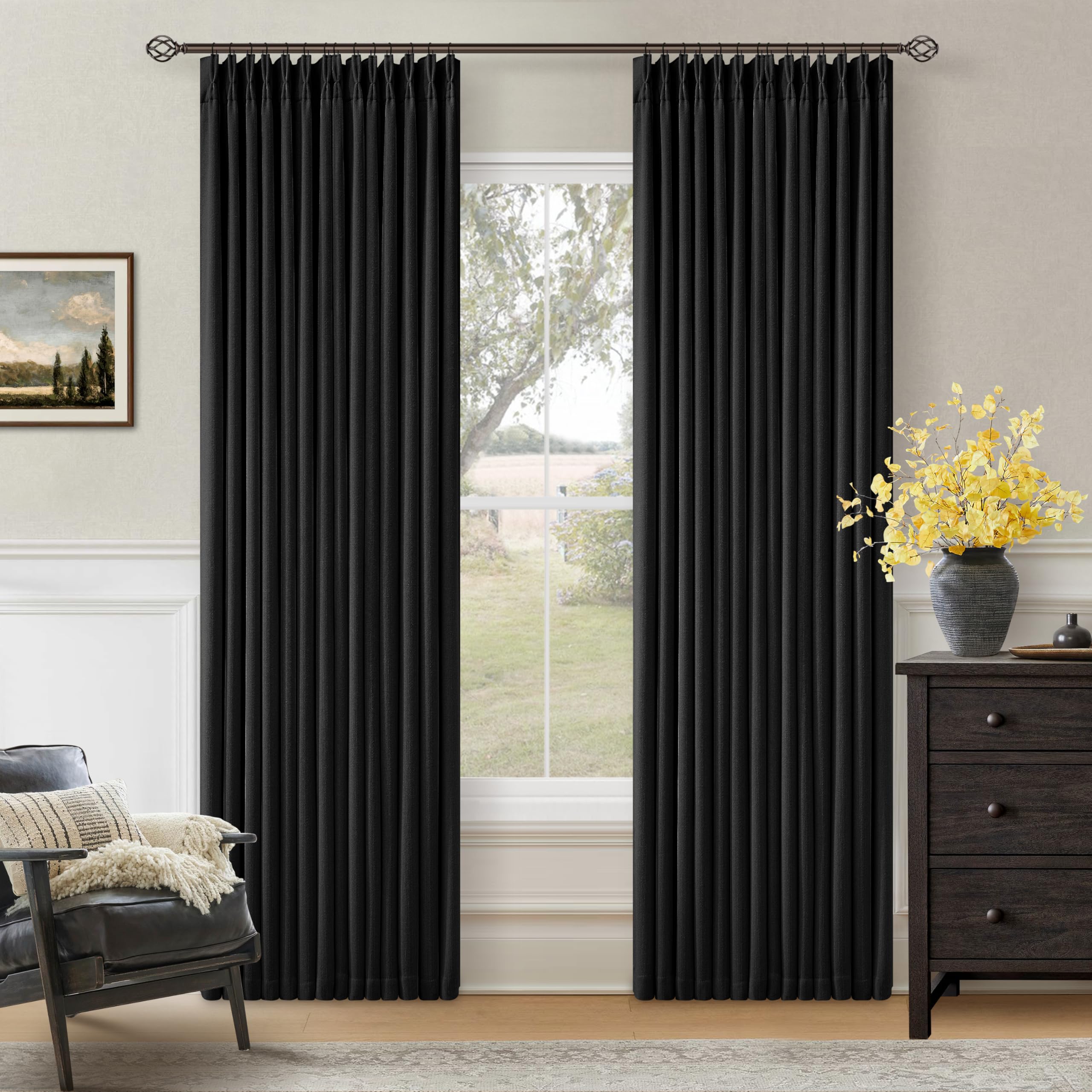 TWODRAPES Ivory Linen Blackout Pleated Curtains 84 Inches Long 2 Panels Set Pinch Pleate 100% Black Out Double Layer Natural Burlap Thermal Insulated Drapes for Bedroom Living Windows 84 Inch Length