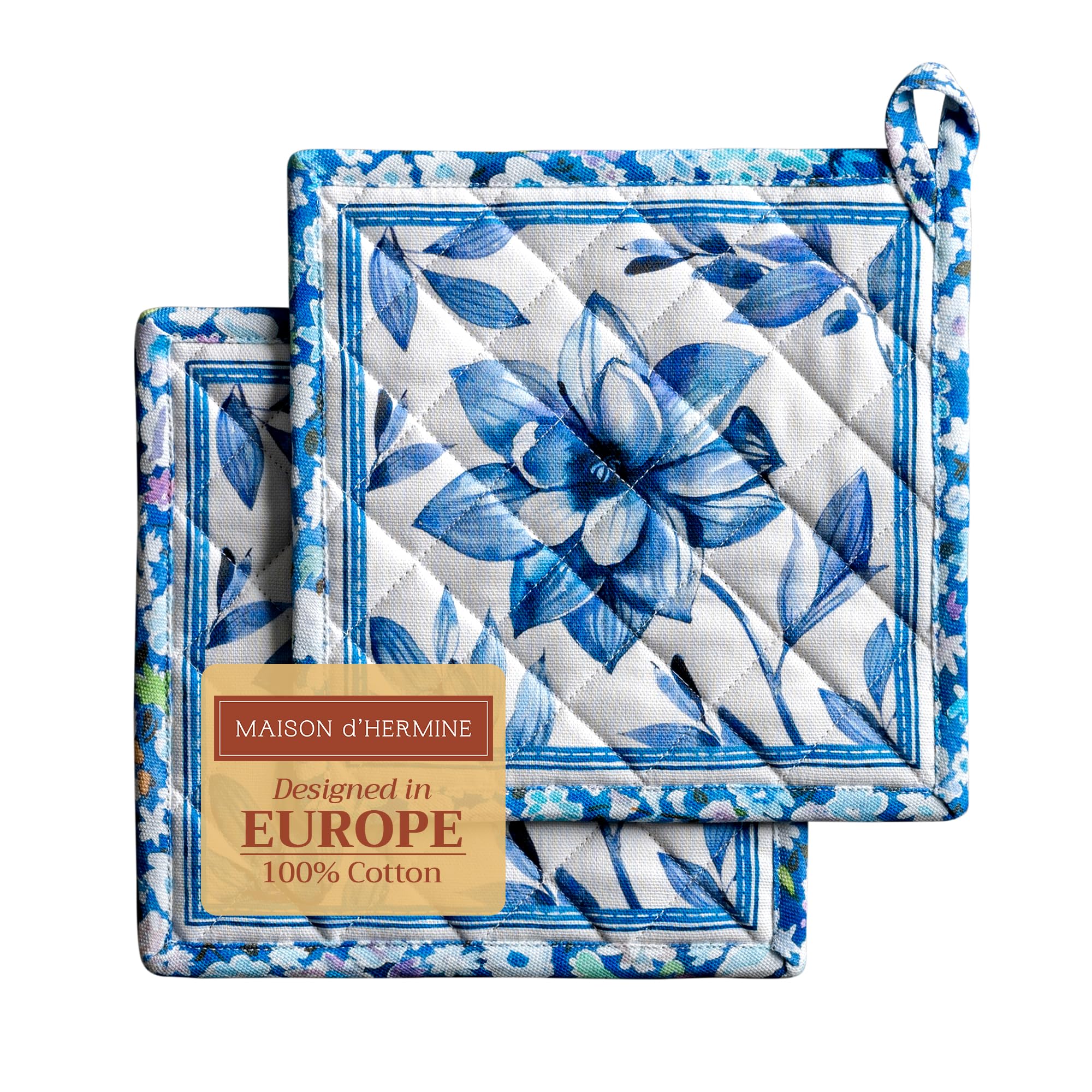 Maison d' Hermine Pot Holders Set 100% Cotton Heat Resistant Potholders 20 cm x 20 cm Hot Pads with Loop for BBQ Cooking Baking Handling Hot Pans Spring Summer (Pack of 2, Summer Blues)