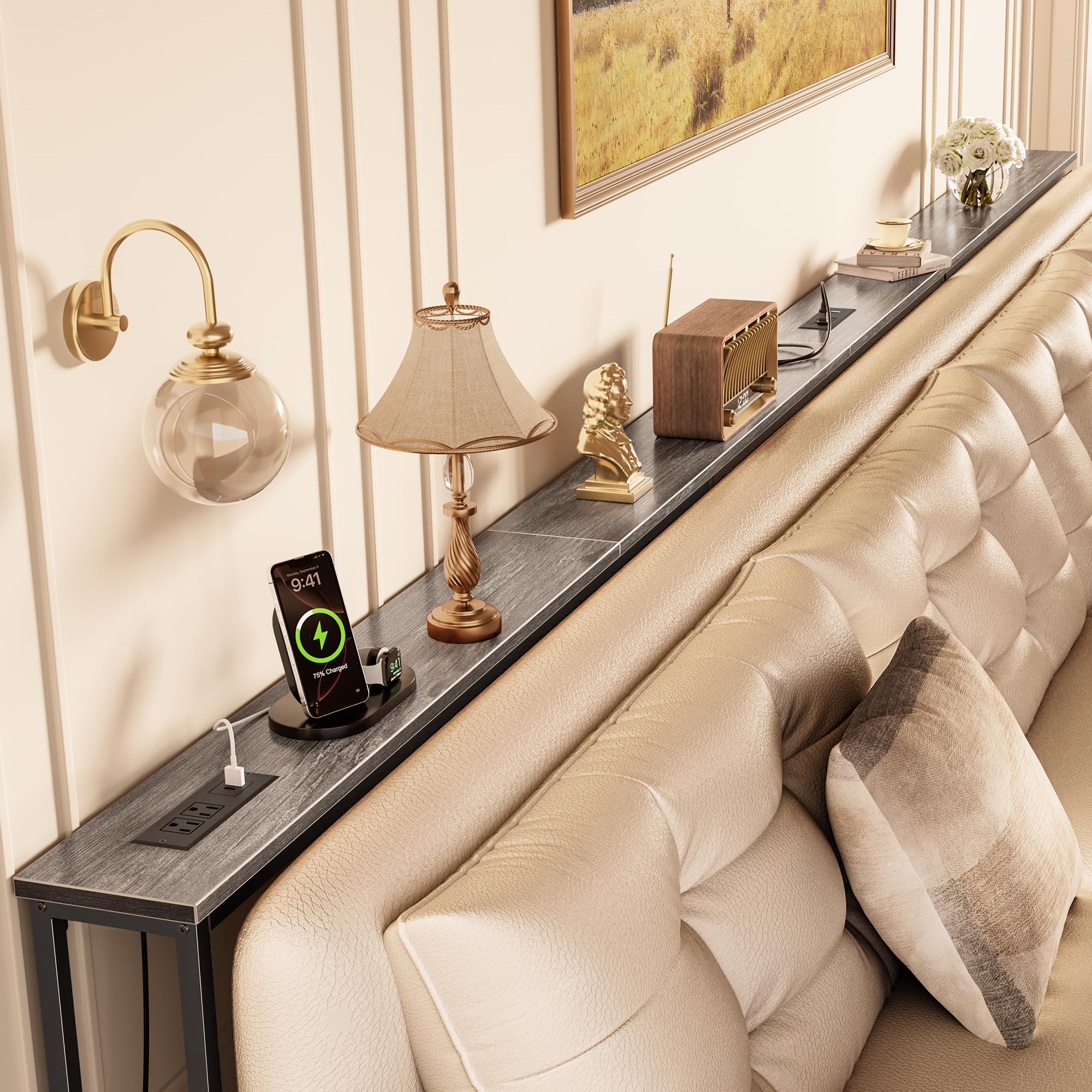 Huuger 141.7 Inch Sofa Table with Power Outlets, Skinny Behind Couch Table