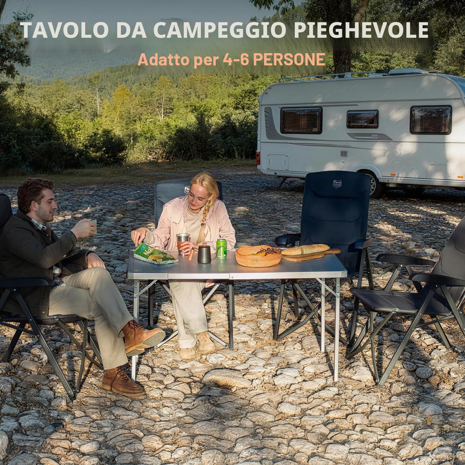 TIMBER RIDGE Tavolo da campeggio pieghevole 94/129 x 70 cm tavolo da giardino allungabile per 4-6 persone tavolo in alluminio regolabile in altezza con borsa da trasporto per picnic e outdoor