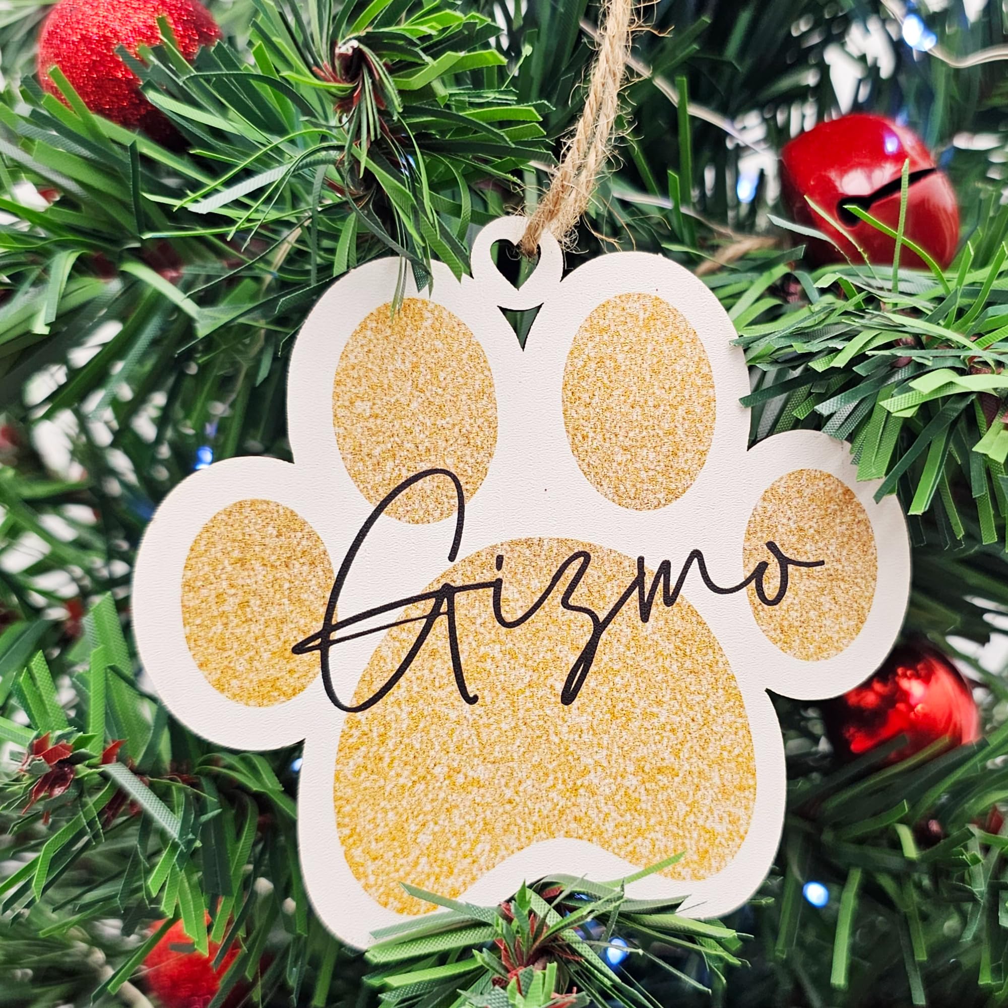 Personalised Clear Acrylic Christmas Paw Print Bauble - Custom Pet Name Ornament for Animal Lovers - Pet Holiday Keepsake (Gold Glitter Effect, Mdf Wood Indoor Use Only)