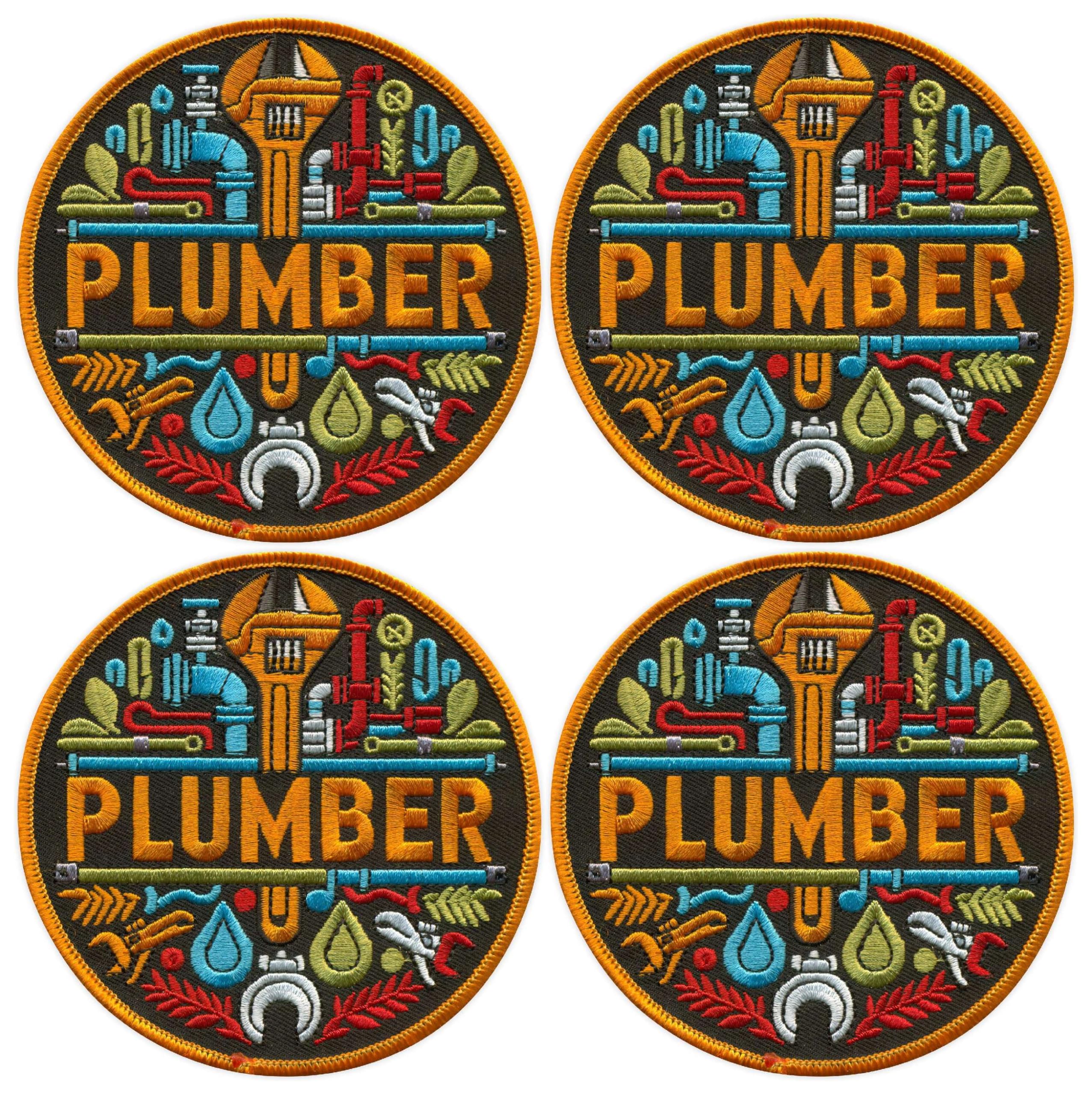 Set di 4 toppe rotonde con scritta "Plumber", termoadesive, termoadesive, ricamate