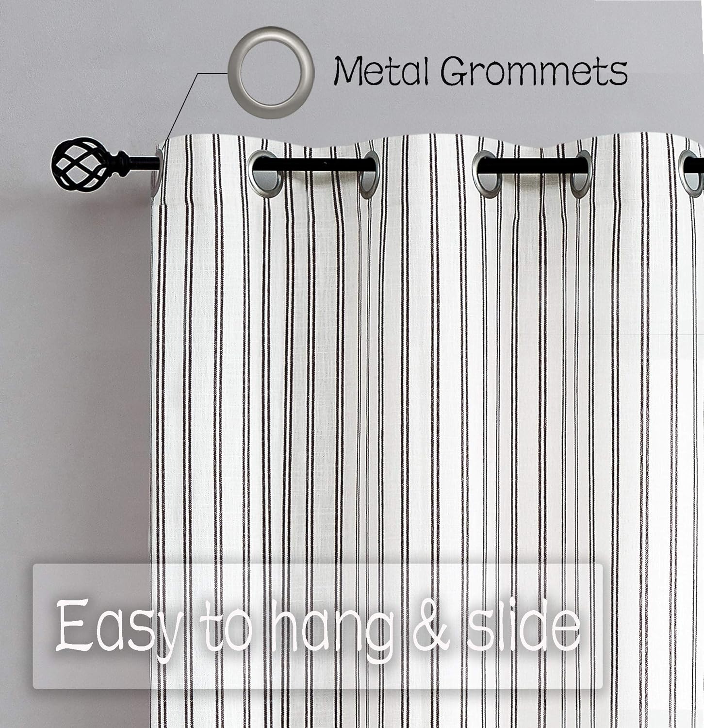 Randall Black Striped Semi-Sheer Curtains Framhouse Linen Blend Yarn Dyed Heavy Window Treatment Drapes for Living Room/Bedroom, Light Filtering Modern Grommet Curtains,2 Panels, 40"x63"x2