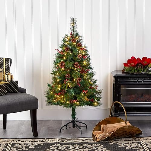 Miniatura 5 de Nearly Natural Árbol de Navidad artificial de pino mixto de 4 pies con 100 luces LED transparentes, conos de pino y bayas