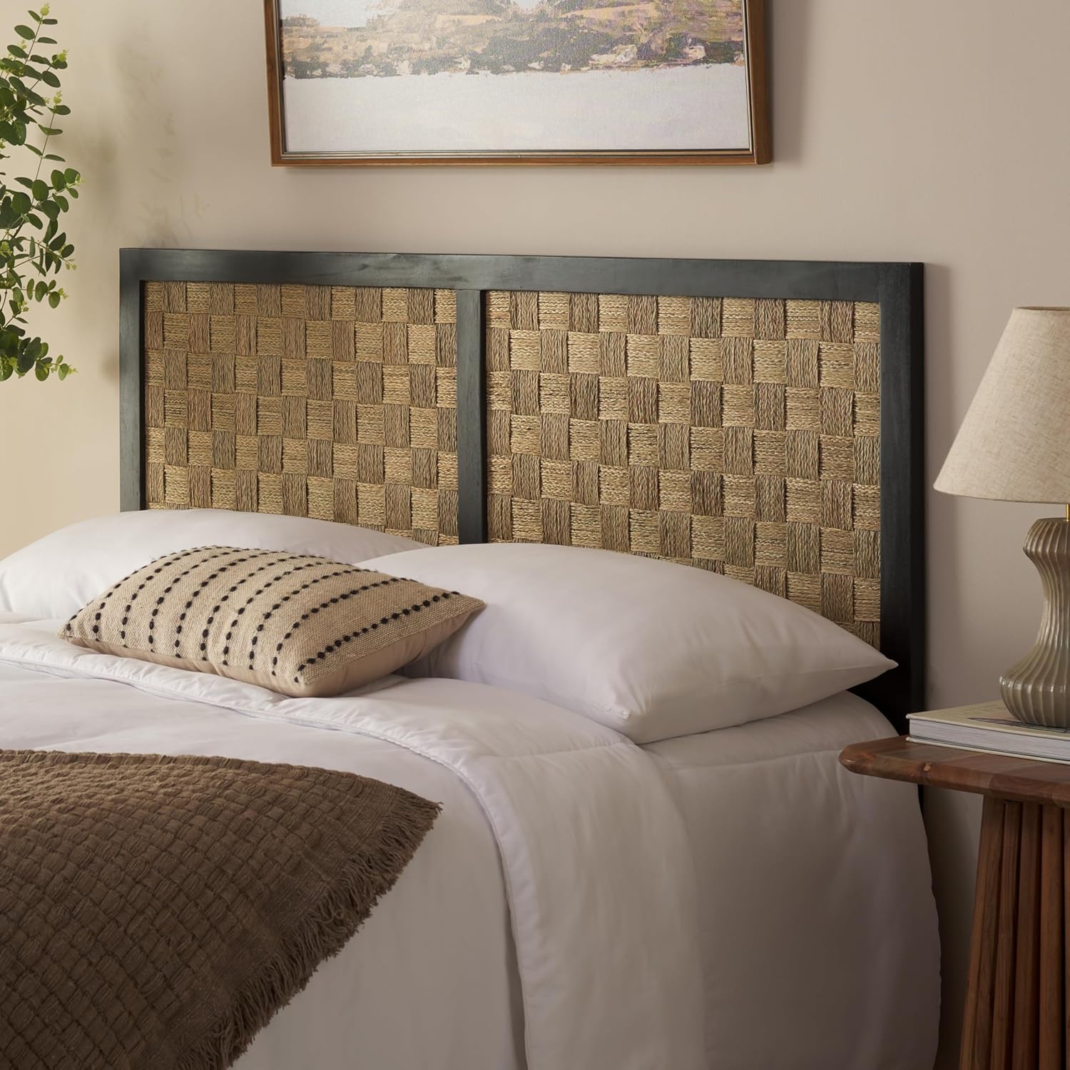 SAFAVIEH Home Collection Halvor Rattan Queen Size Headboard Black Frame & Natural Brown