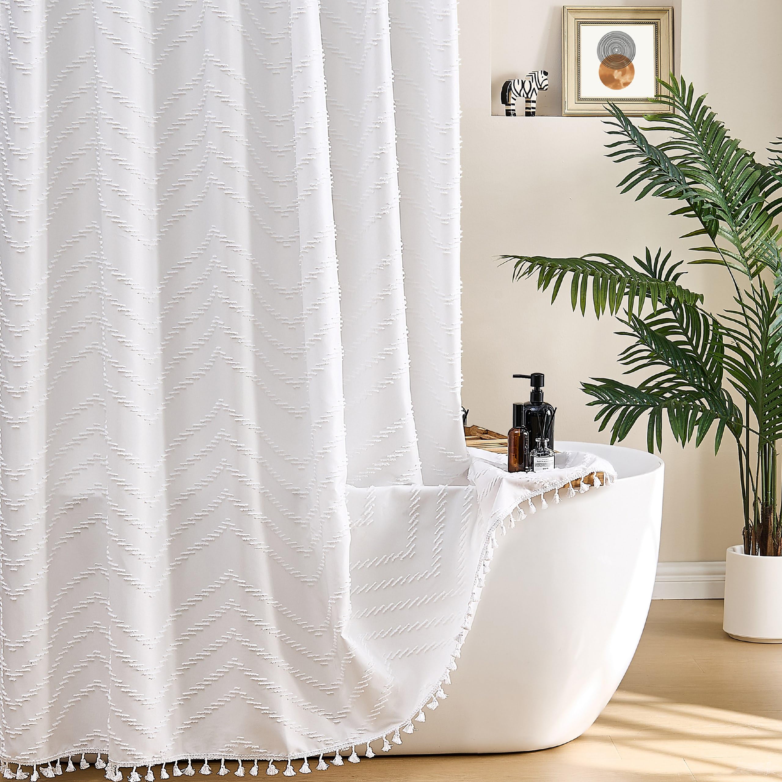 Stall Boho Woven Fabric Shower Curtain - White Tassel, 48 x 72, Modern Farmhouse Textured Tufted Chevron Striped Minimalist Bathroom Curtain