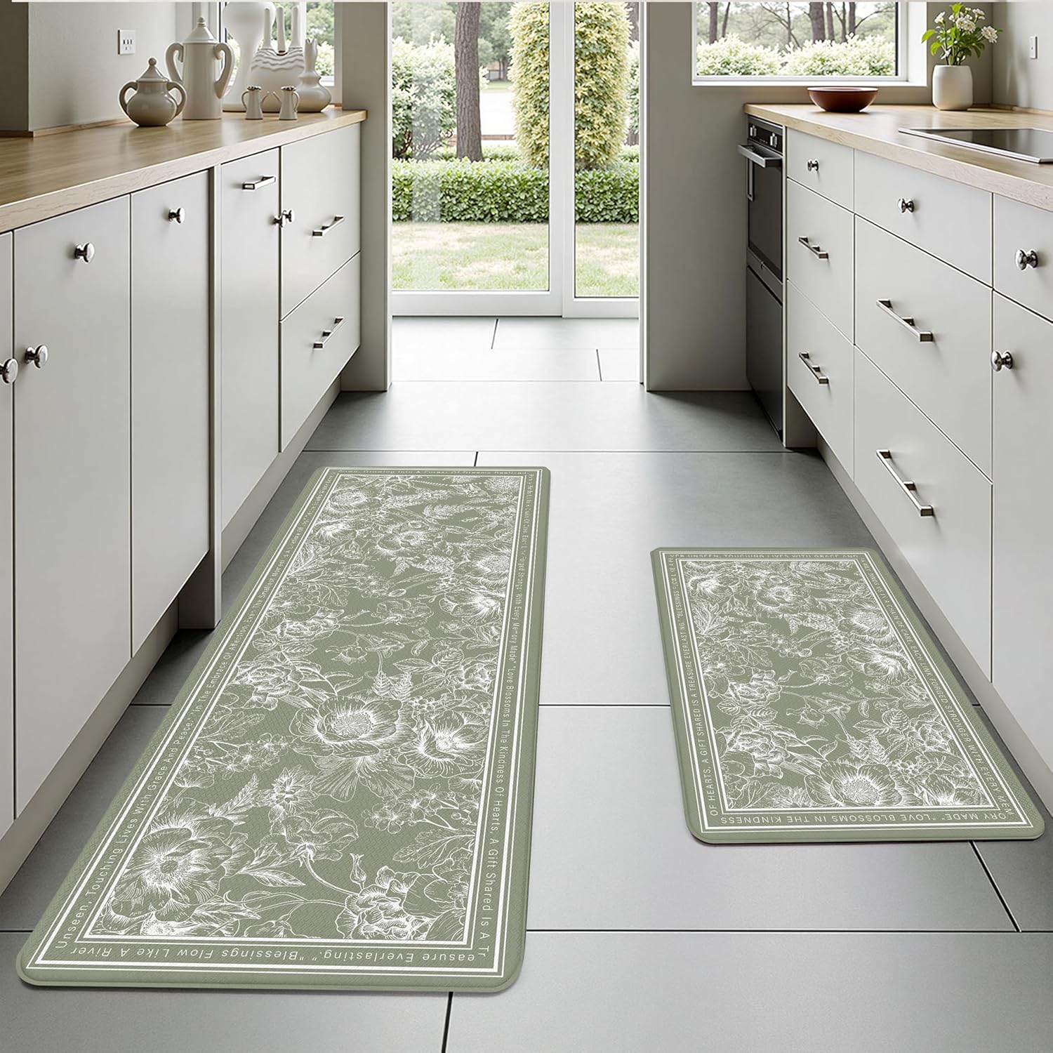 Sage Green Minimalist Line Art Floral Kitchen Rug Sets [2 PCs], Anti-Fatigue, Waterproof Non-Slip Kitchen Mats Heavy Duty Comfort Foam Rug for Kitchen, Floor, Laundry,17"x29"+17"x47"