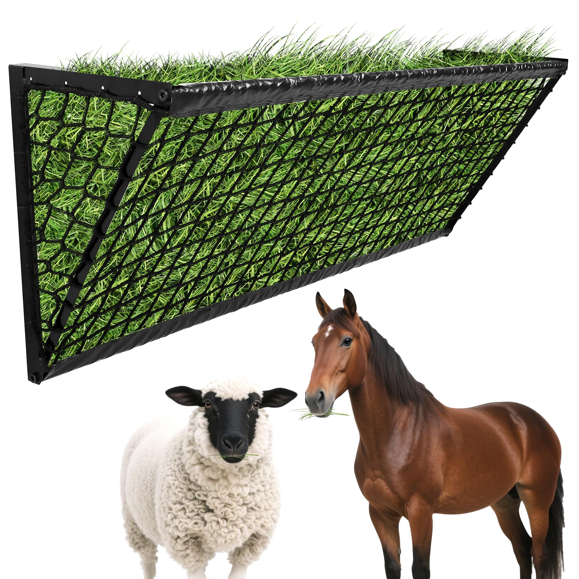 Upgraded Hay Feeder for Goats with Net, 63Inch Long Wall Hay Rack with 50Gallon Large Capacity, Blanket Hay Holder, Heavy Duty Metal Livestock Feeders Frame with Hay Net Side for Horses Farm Sheep