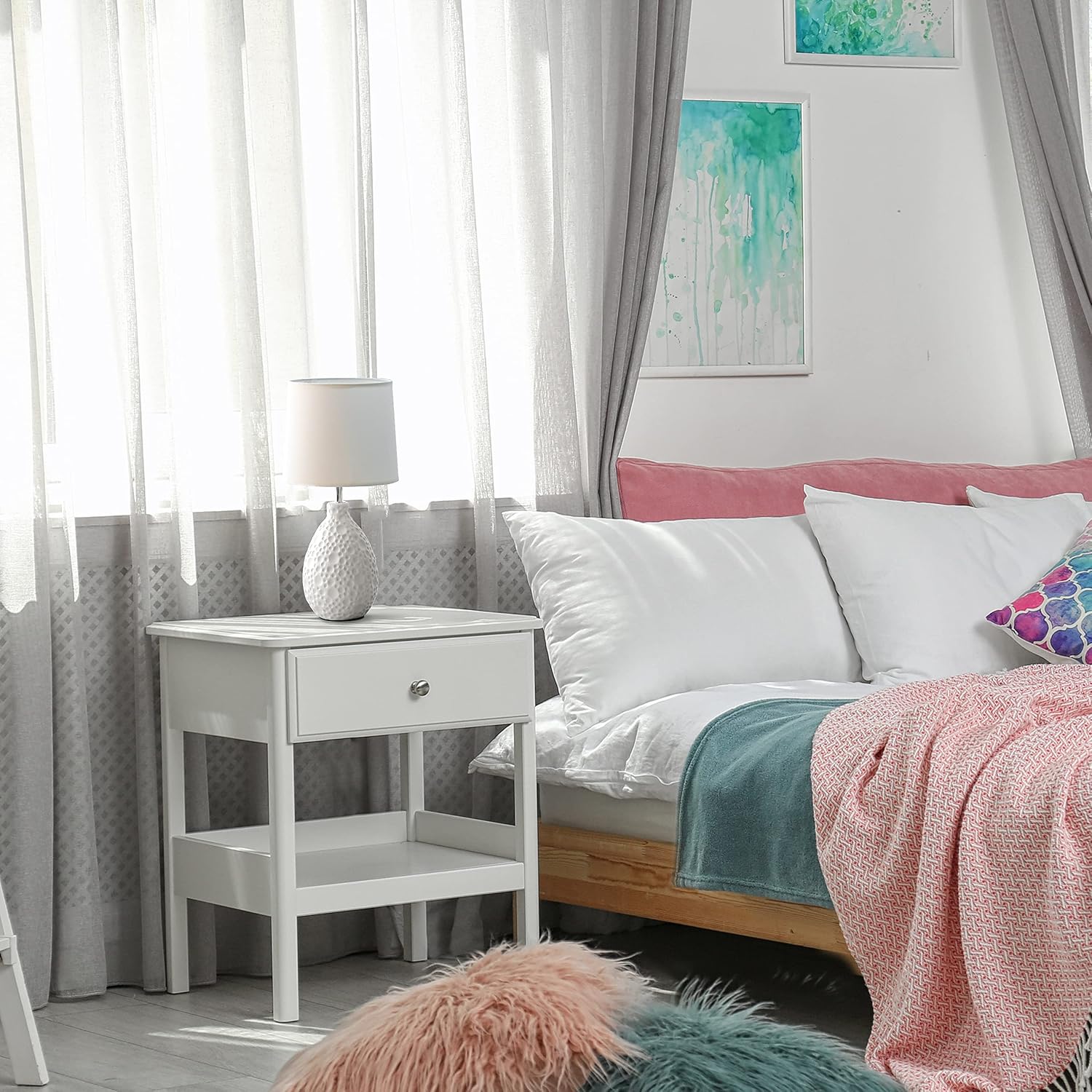 Simple Designs Home LT2003-WHT Textured Stucco Ceramic Oval Table Lamp, White - - 