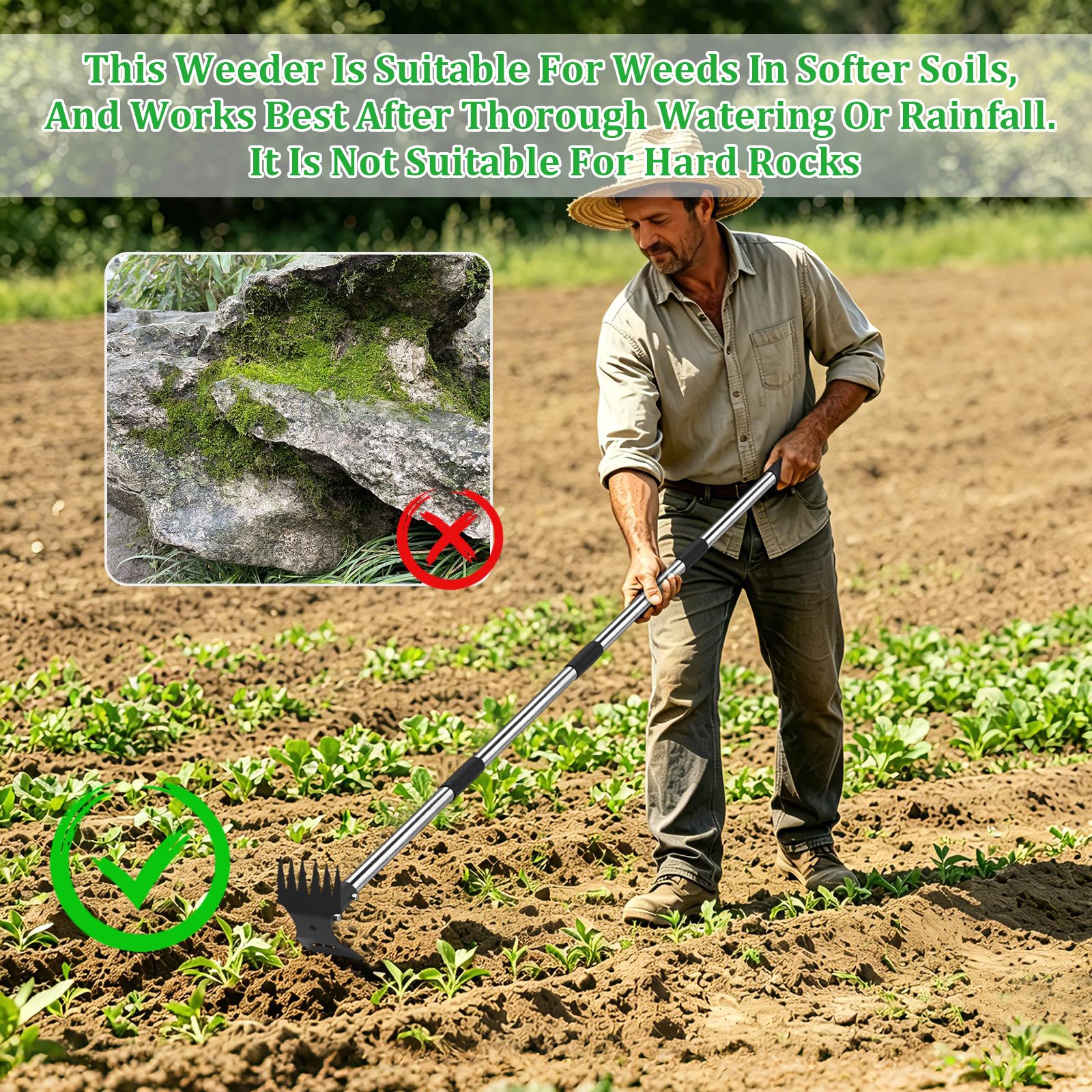 Strumento Per Rimuovere Le Erbacce Con Manico Lungo, 148.5 Cm Strumento Da Giardinaggio 2 In 1, Estirpatore Erbacce Rimuovere Con Manico Lungo Regolabile Per Giardino, Cortile, Prato