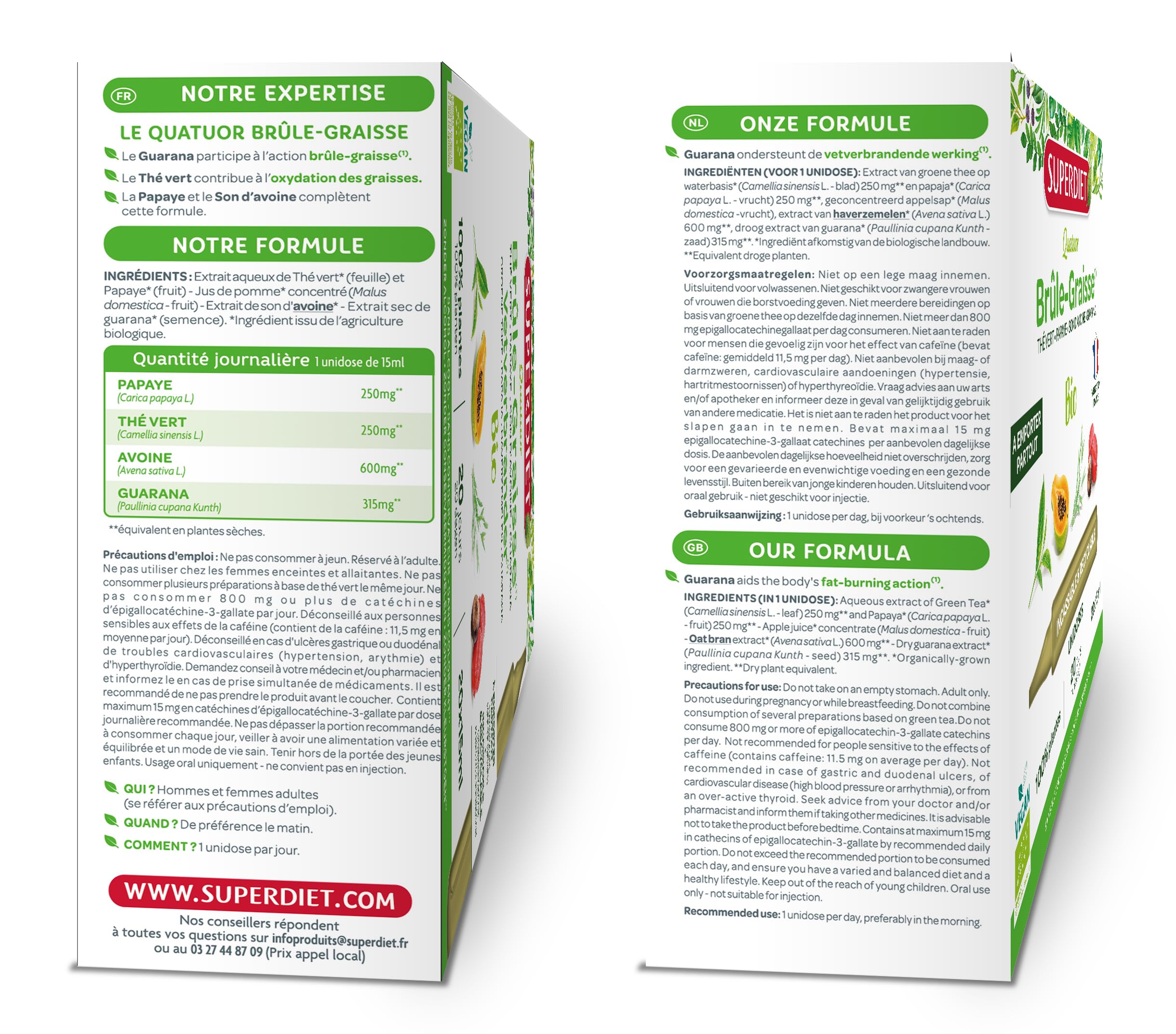 SUPERDIET - QUATUOR BRÛLE-GRAISSE BIO - Minceur -Thé vert, Papaye, Son d'avoine, Guarana - Format nomade-20 Unidoses de 15 ml