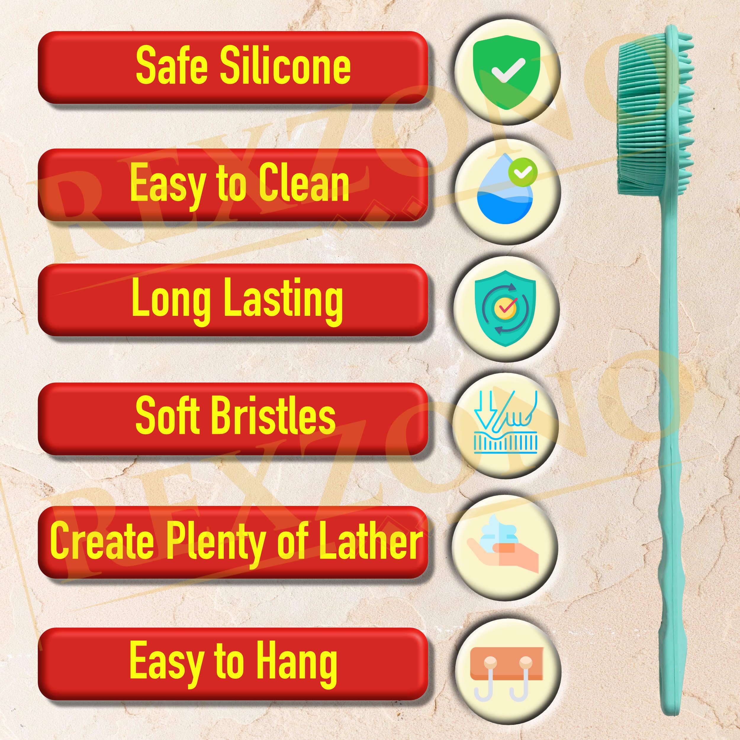 Rexzono® Double Sided Silicone Back Scrubber, Long Handle Exfoliating Body Bath Brush - Image 4