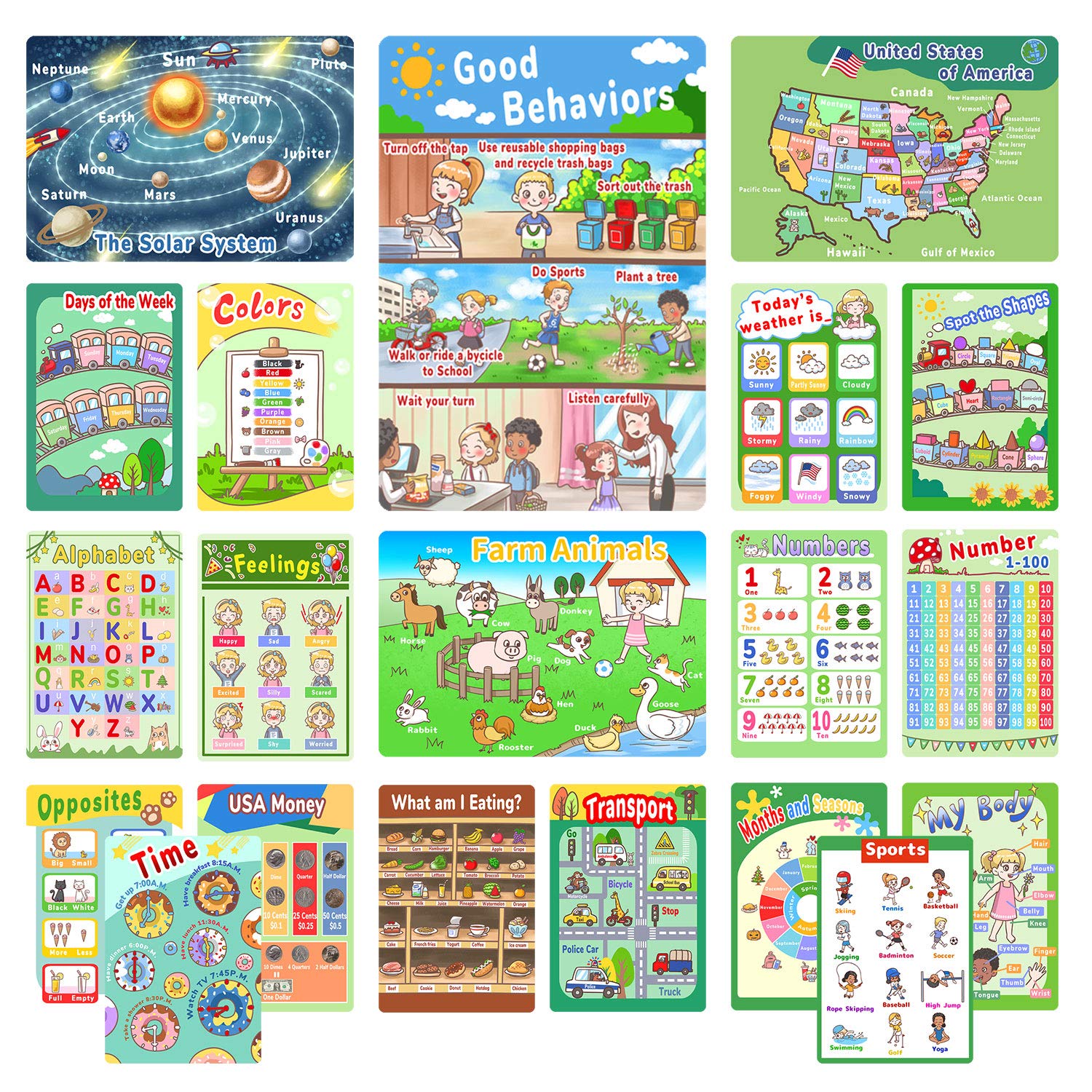 Learning Posters for Toddlers, Alphabet Chart, 20 Pack Preschool Learning Posters for Pre K-K, 1-100 Educational Posters for Preschoolers Kindergarten Home Classroom Decor with Glue Dot-16 x 11 Inch