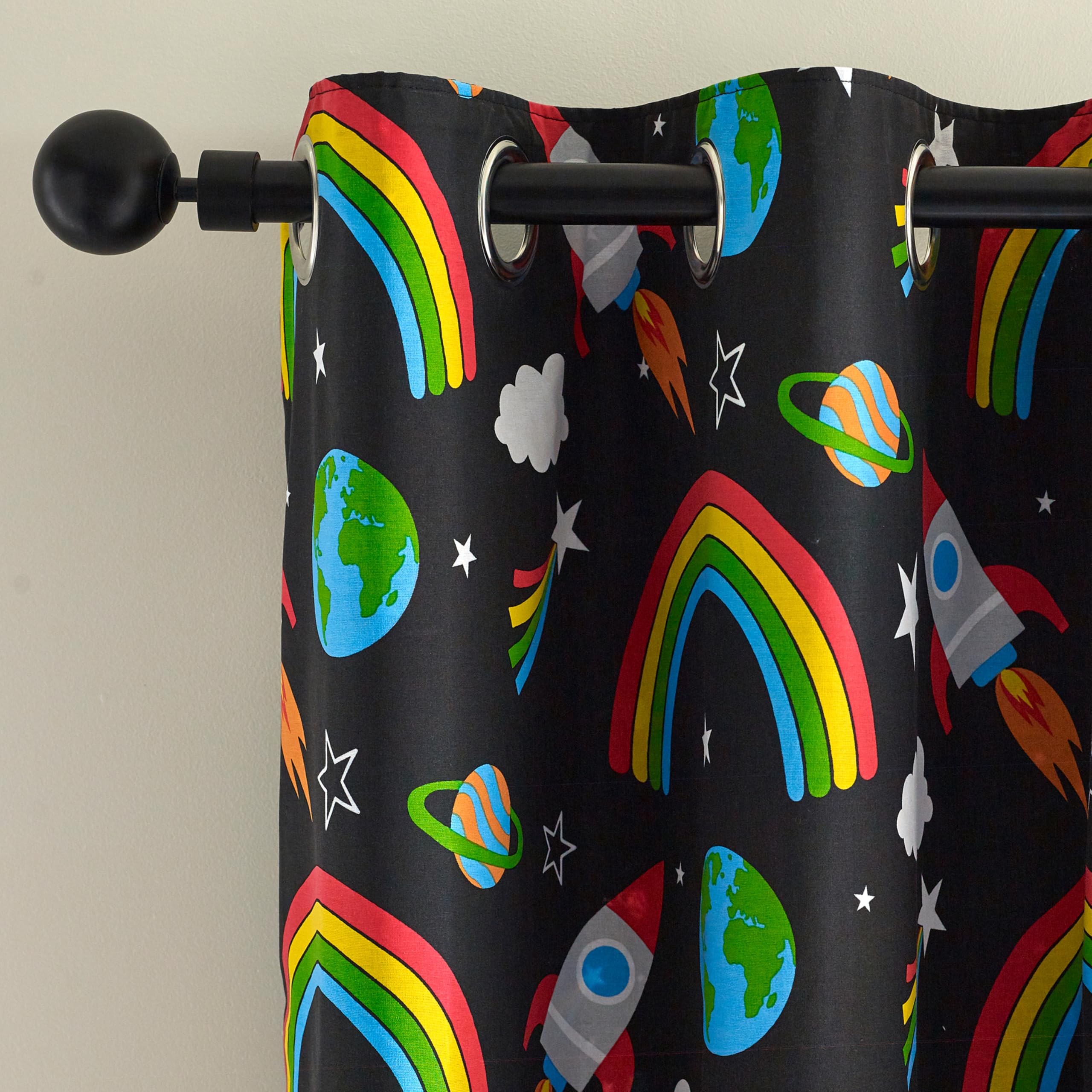 Catherine Lansfield Black Rainbow Rockets Fully Reversible Eyelet Curtains - 66 X 72 Inch